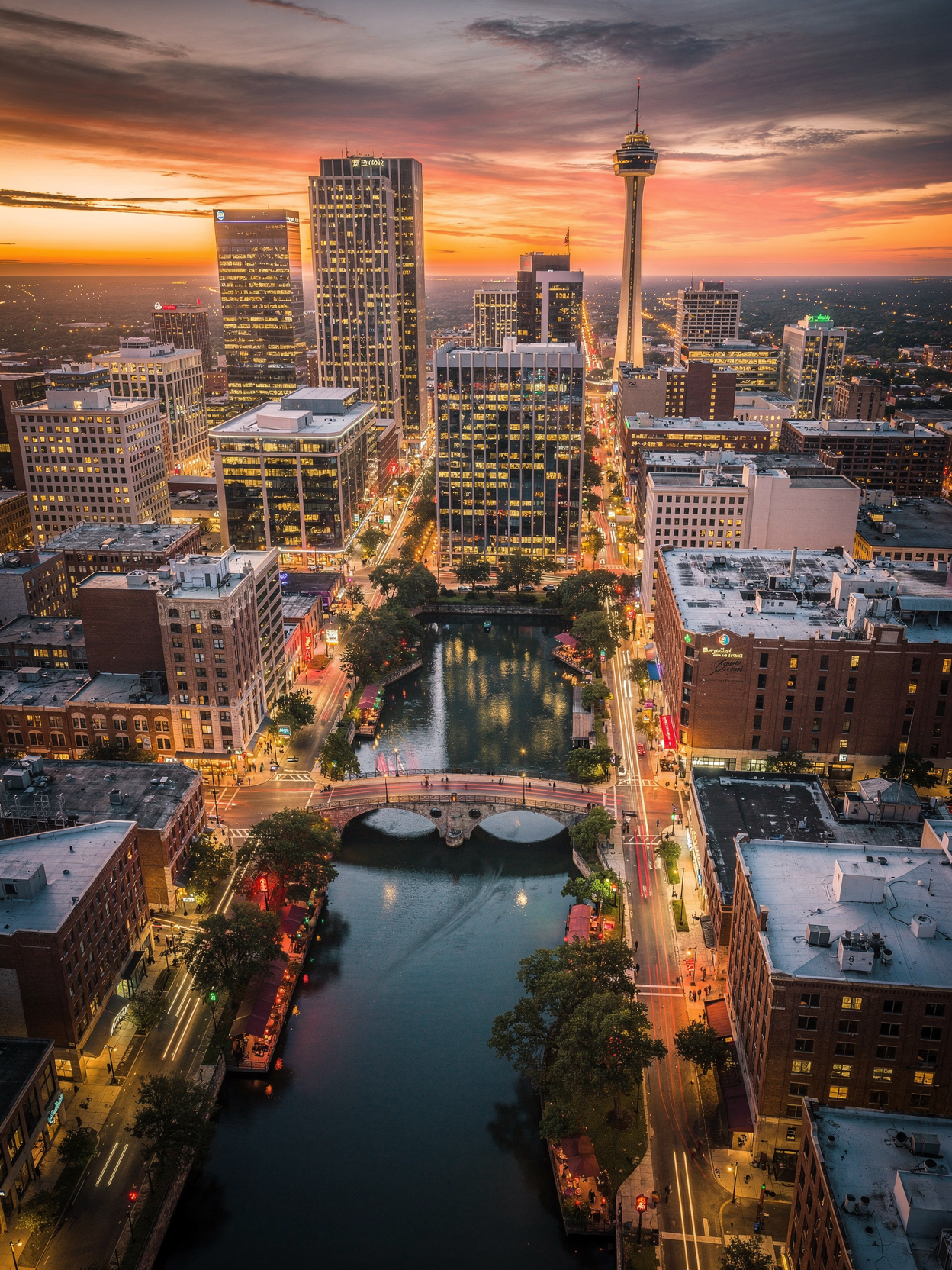 Aerial view of downtown San Antonio during sunset, featuring the San Antonio River, the Tower Life Building, the Alamo, and the Tower of the Americas.