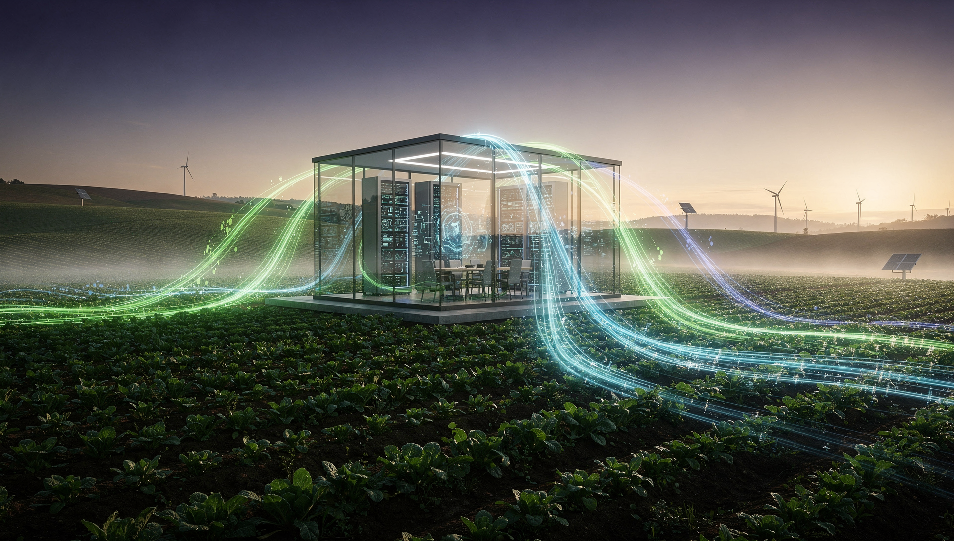 A greenhouse on a farm with digital data streams overlay, wind turbines in the background at sunset.