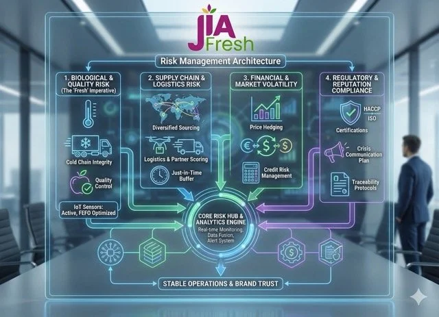 A large digital display titled 'JIA Fresh' shows a diagram of risk management architecture for a company, divided into four sections: Biological & Quality Risk, Supply Chain & Logistics Risk, Financial & Market Volatility, and Regulatory & Reputation Compliance, all connected to a central core risk hub and analytics engine. The diagram includes icons representing various risk factors, strategies, and systems, with a person observing it in a modern office setting.