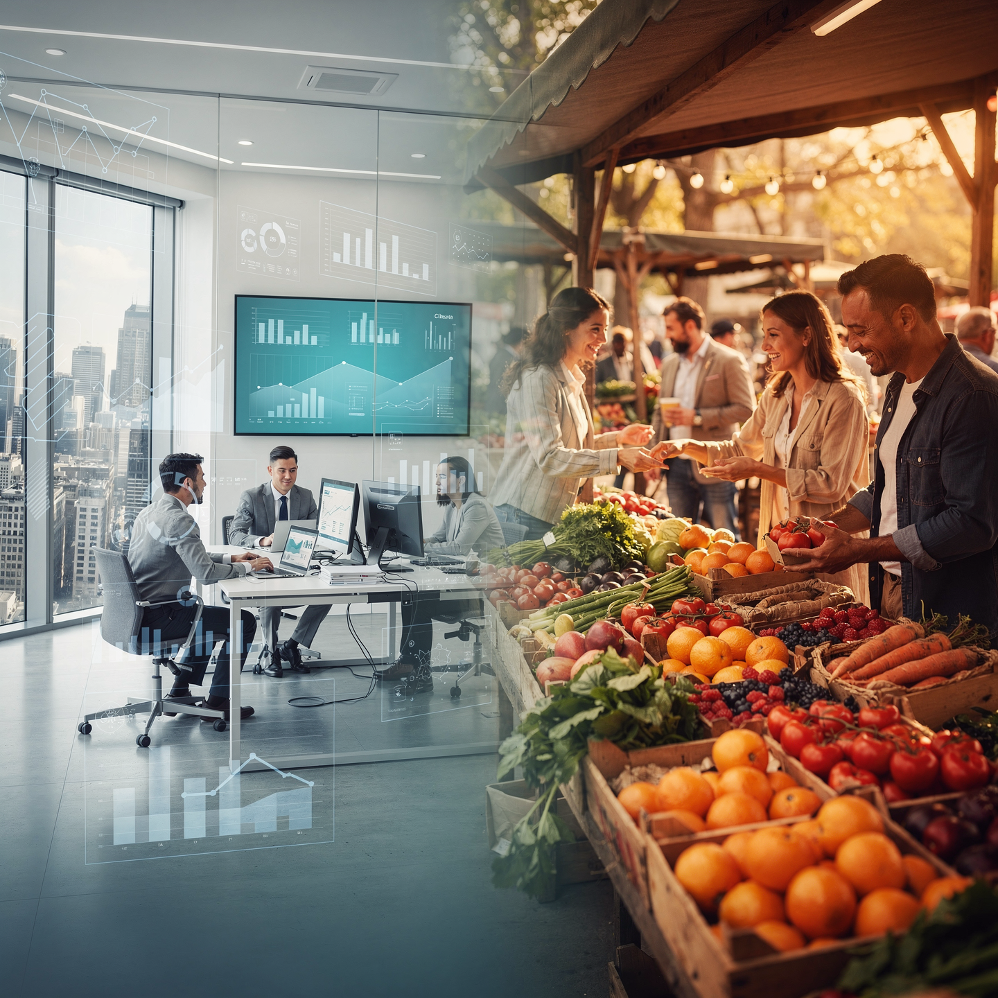 A composite image blending a business meeting in a modern office with an outdoor farmer's market. The office scene shows people working at computers with city skyline views and digital graphs overlaid, while the farmer's market scene depicts people shopping for fresh produce outdoors.