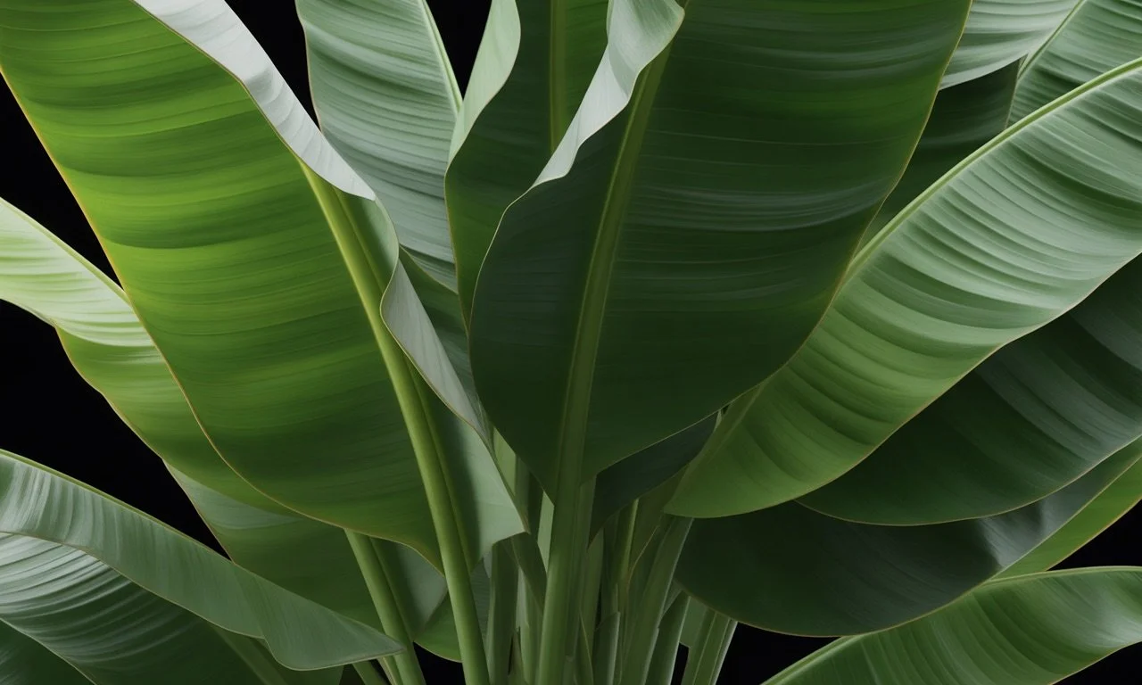 Close-up of large green tropical leaves with prominent veins