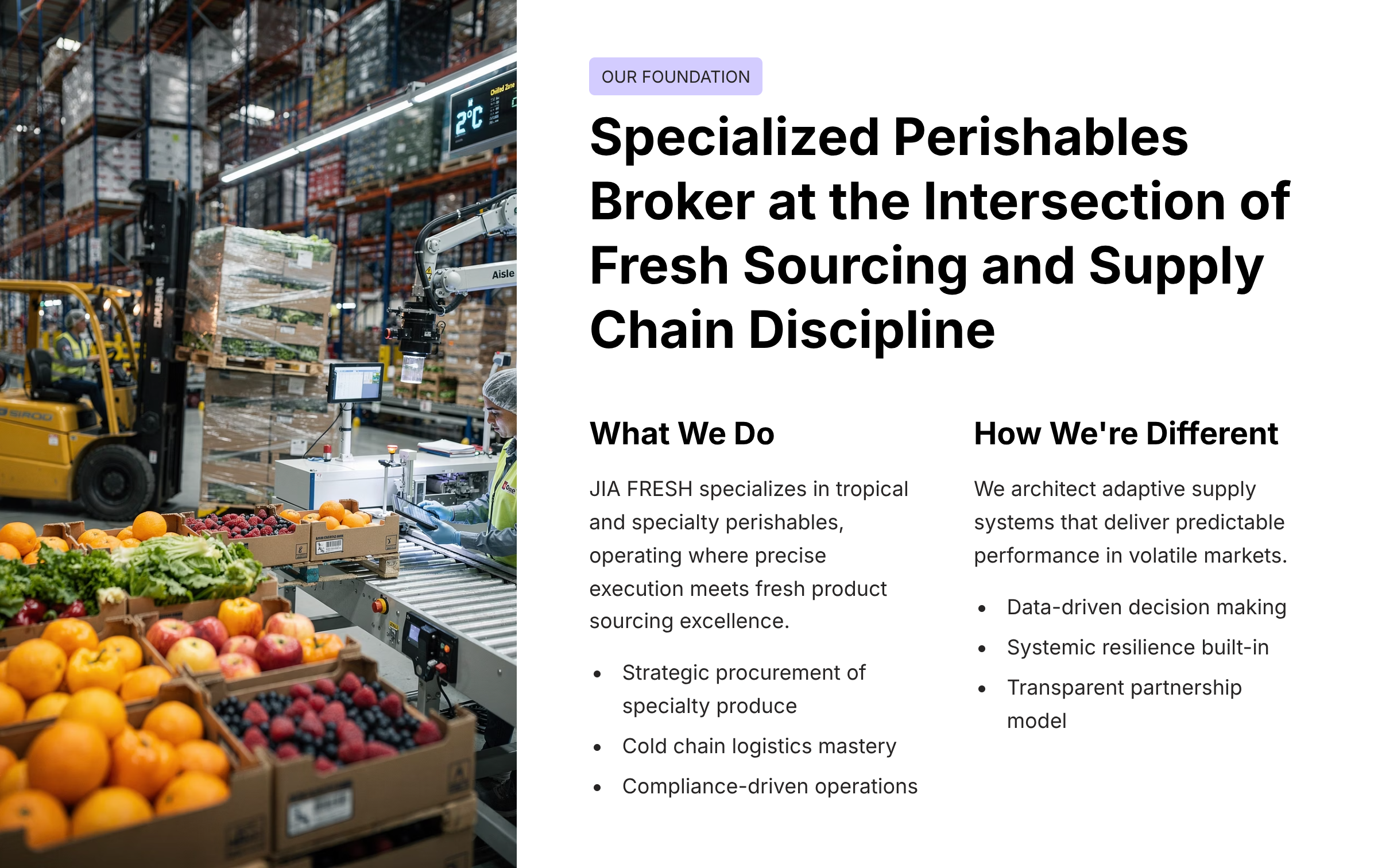 A warehouse scene with a forklift moving pallets of boxed goods, a robotic arm, and workers operating machinery among shelves filled with products. Next to this, a printed document or infographic describes a specialized perishables broker focusing on fresh sourcing and supply chain discipline.