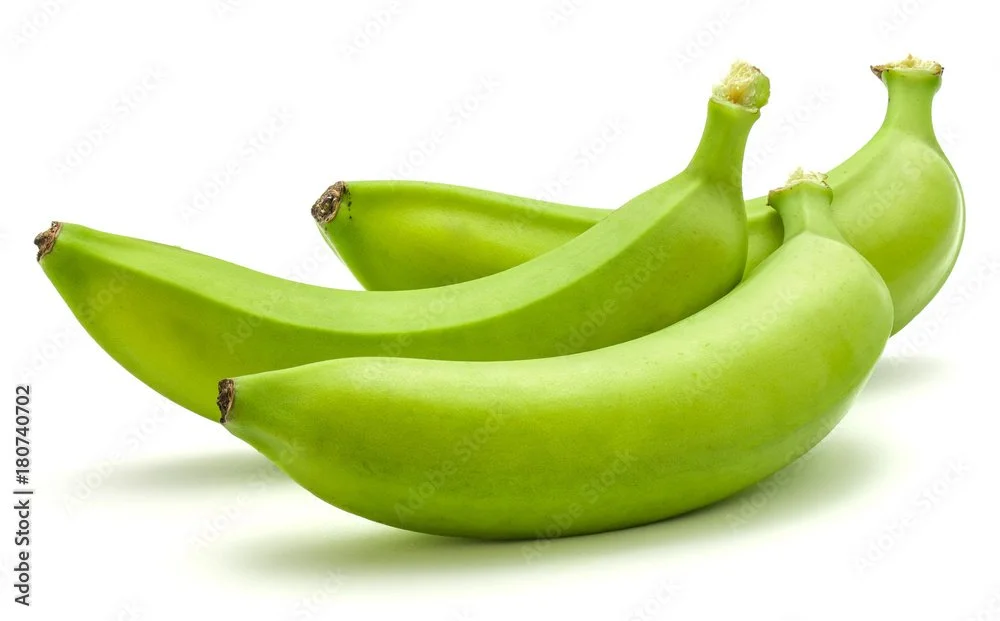 Three green bananas on a white background.