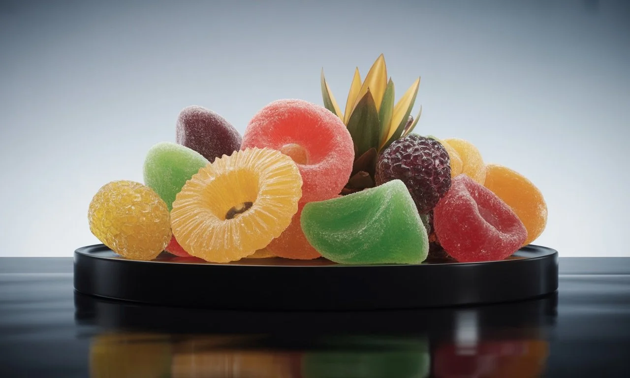 Colorful gummy candies, including pineapple, watermelon, and citrus slices, on a black tray against a light gradient background.