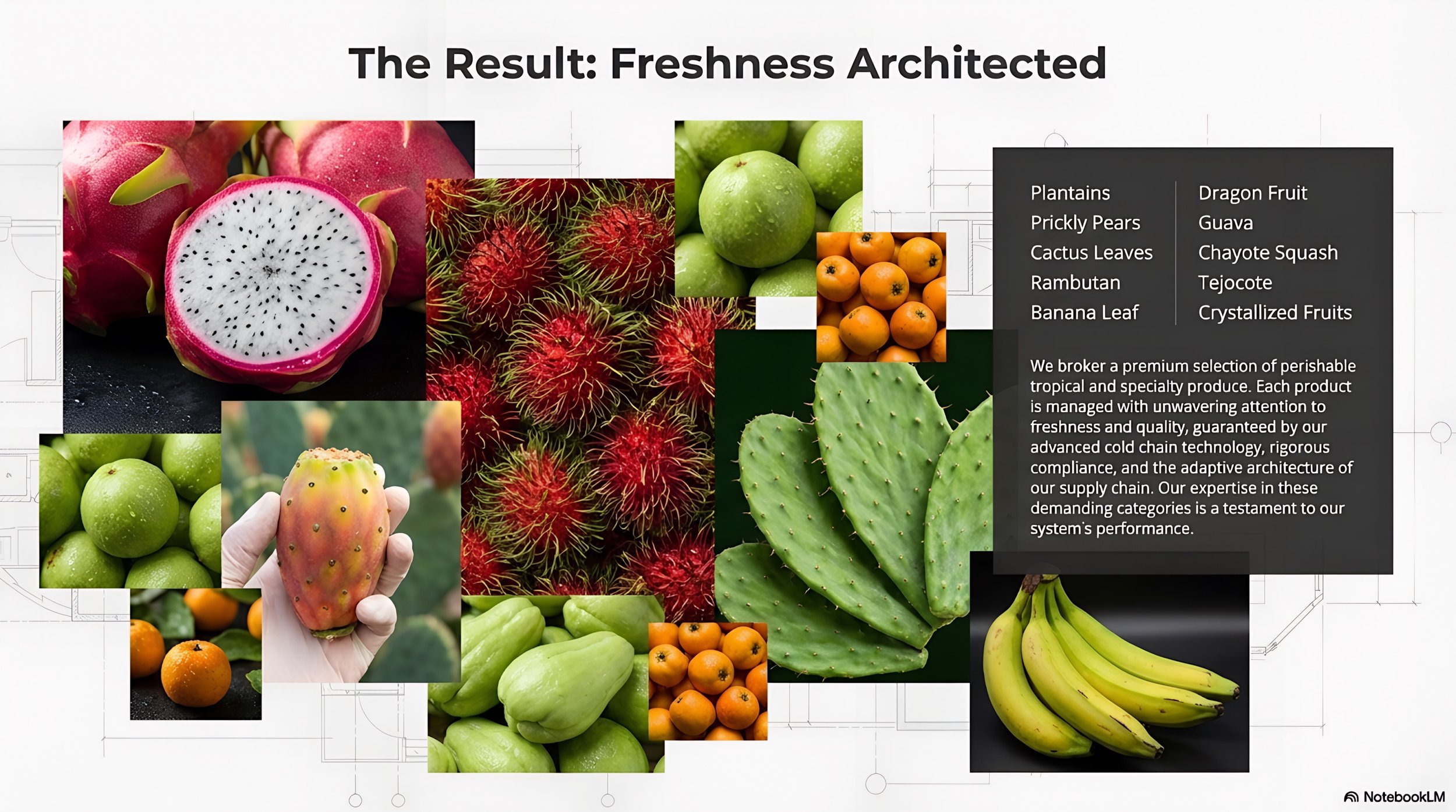 Collage of tropical fruits including dragon fruit, rambutan, green apples, small orange oranges, prickly pear, cactus leaves, banana bunch, and prickly pear cactus pads. A black box with white text lists the fruits, and a paragraph describes the freshness and quality of the products.
