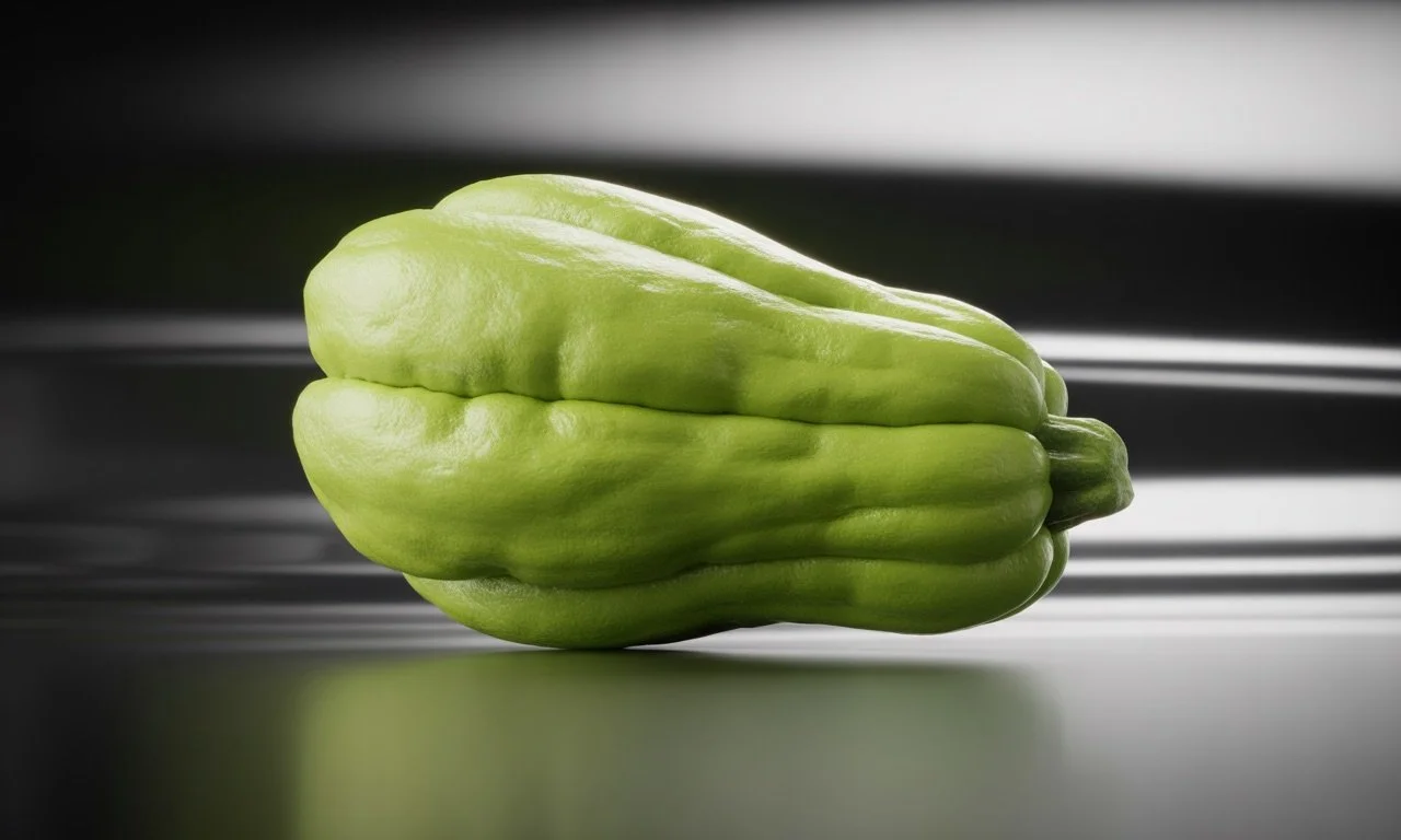 A fresh green bell pepper on a smooth surface with a blurred background.