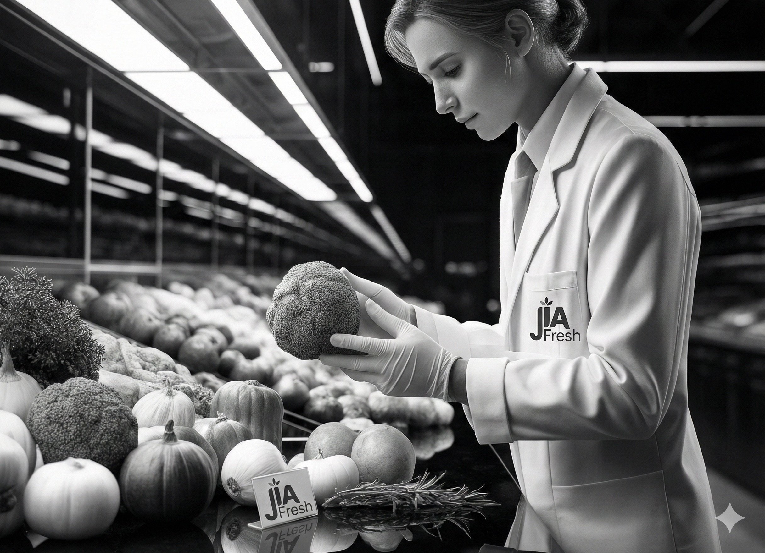 Woman in white LabJJA Fresh coat inspecting a broccoli in a produce section of a grocery store with various vegetables on display.