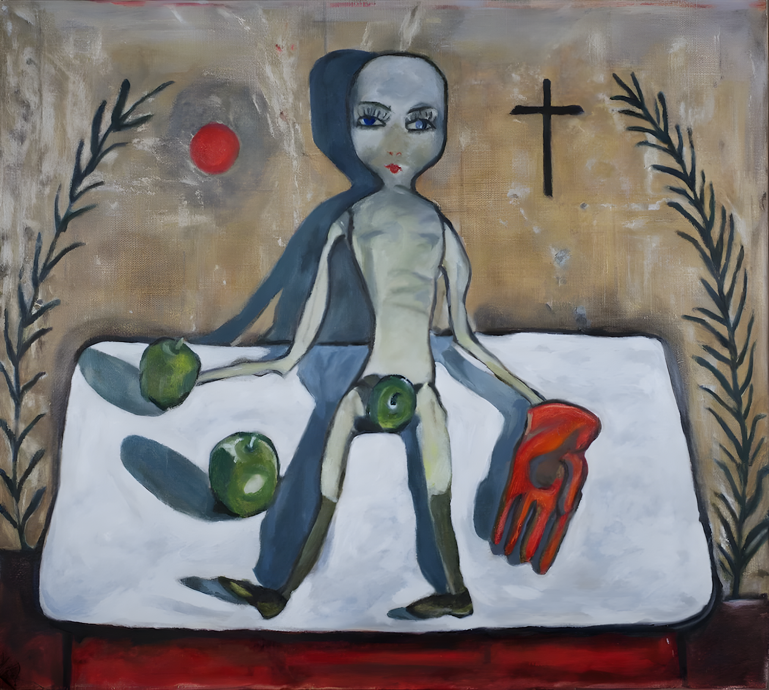 "Alice Neel's Symbols (Doll and Apple", oil on linen, Jerry Saltz / Roberta Smith Collection.