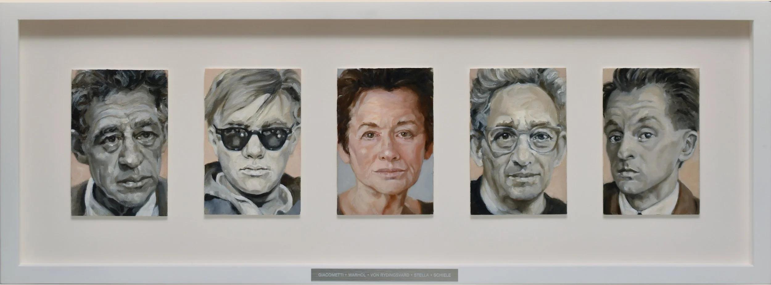  Giacometti, Warhol, Von Rydingsvard, Stella, Schiele , oil on primed paper, 6 x 4 inches each
