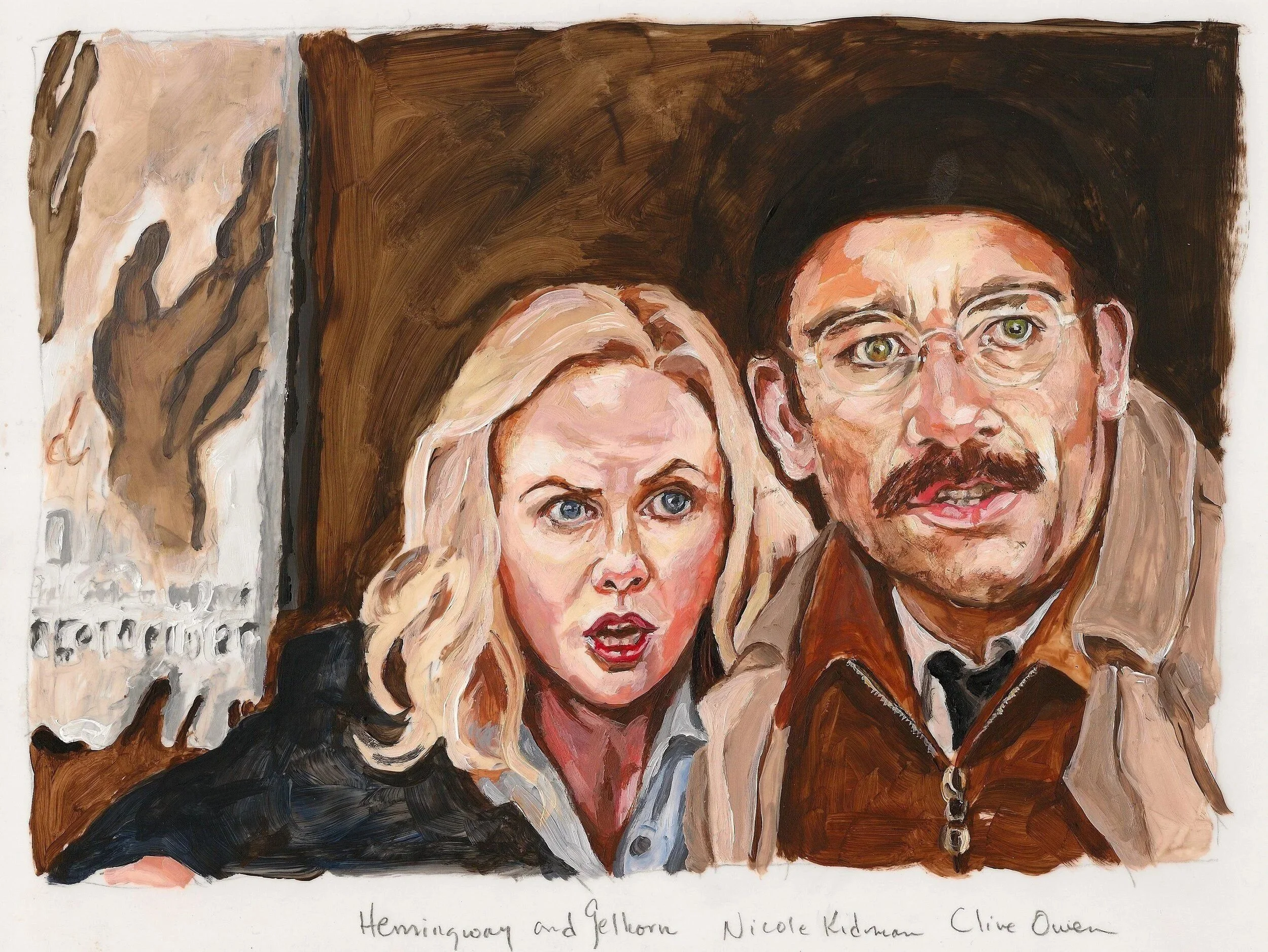 "Hemingway and Gelhorn (Nicole Kidman, Clive Owen)", acrylic on mylar on wood panel, 8.5 X 11 inches