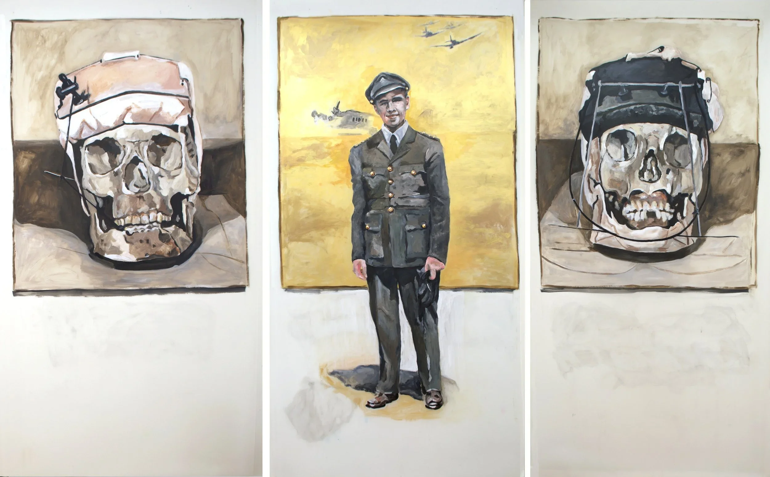 "Dad 1944 with his WWII dental appliance inventions made from crashed plane debris", 2010, acrylic on mylar, each panel 80 x 42 inches