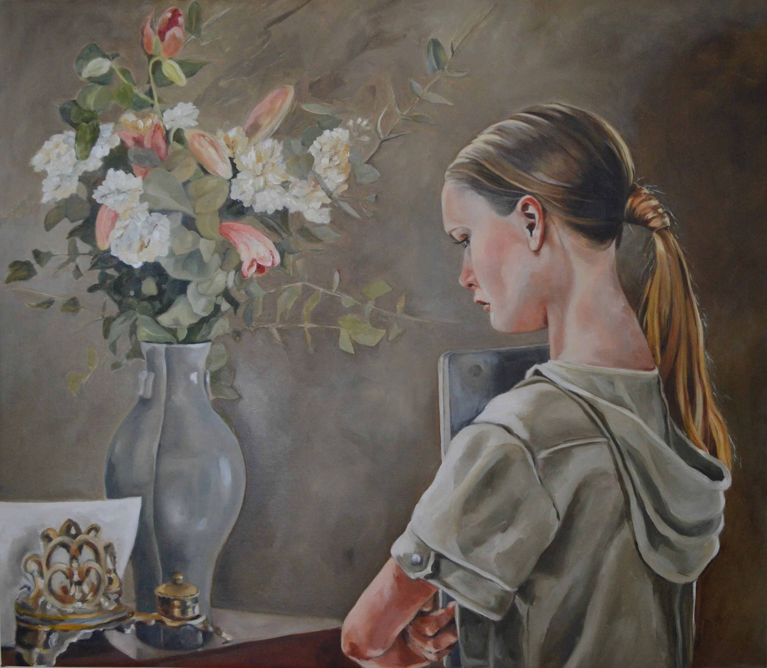 "I'd rather like lose a kidney than give up my laptop", 2015, oil on linen, 30 x 40 inches