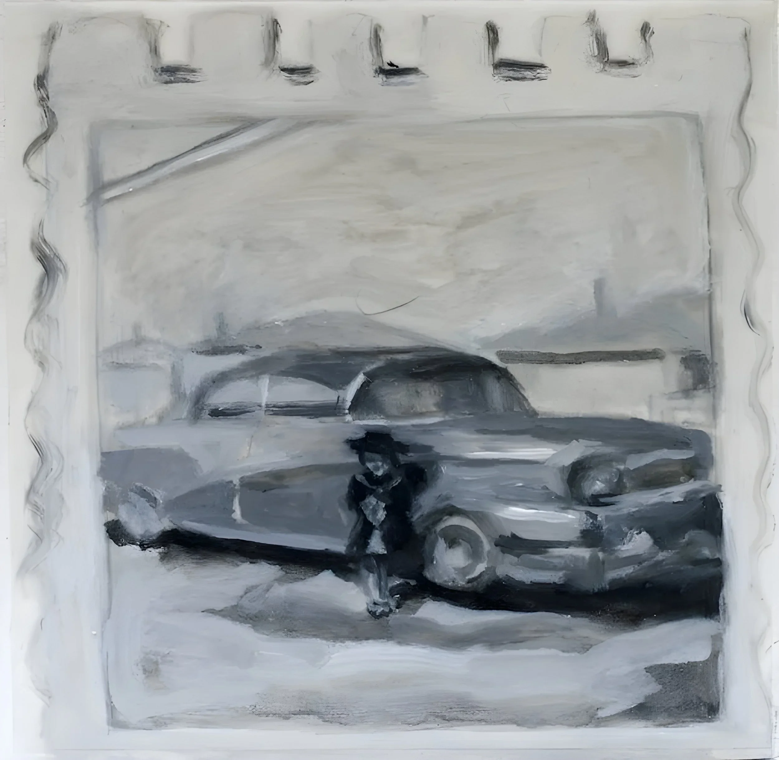 "Dad's Car", acrylic on mylar on wood panel, 4 x 4 inches