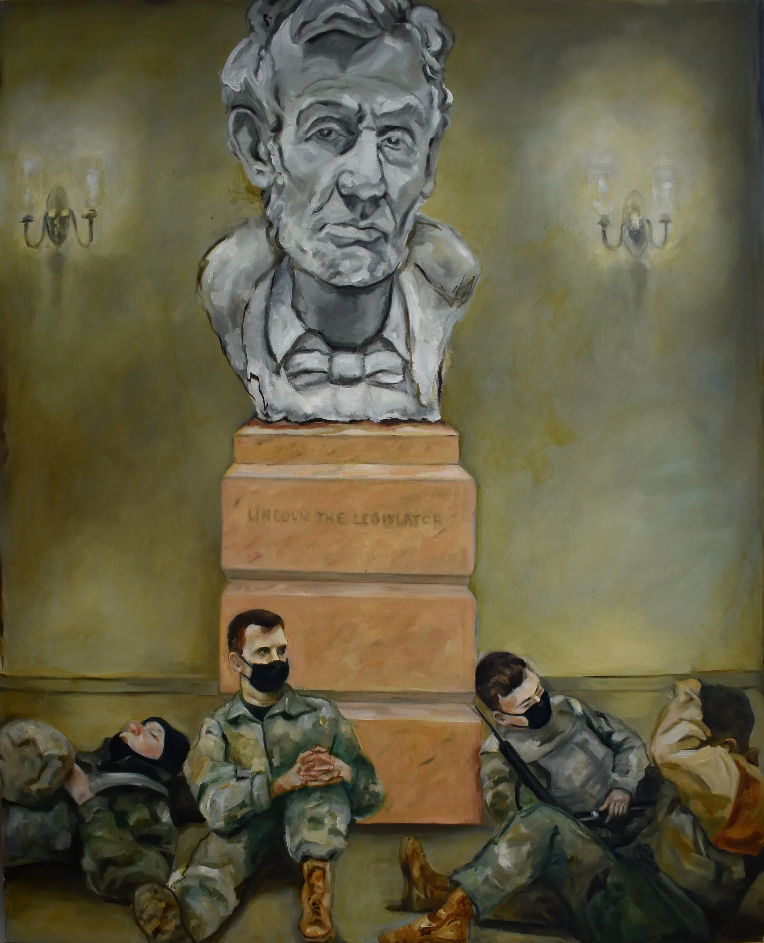 "One week later: National Guard resting under Lincoln the Legislator at the Capitol", oil on linen, 41 x 33 inches
