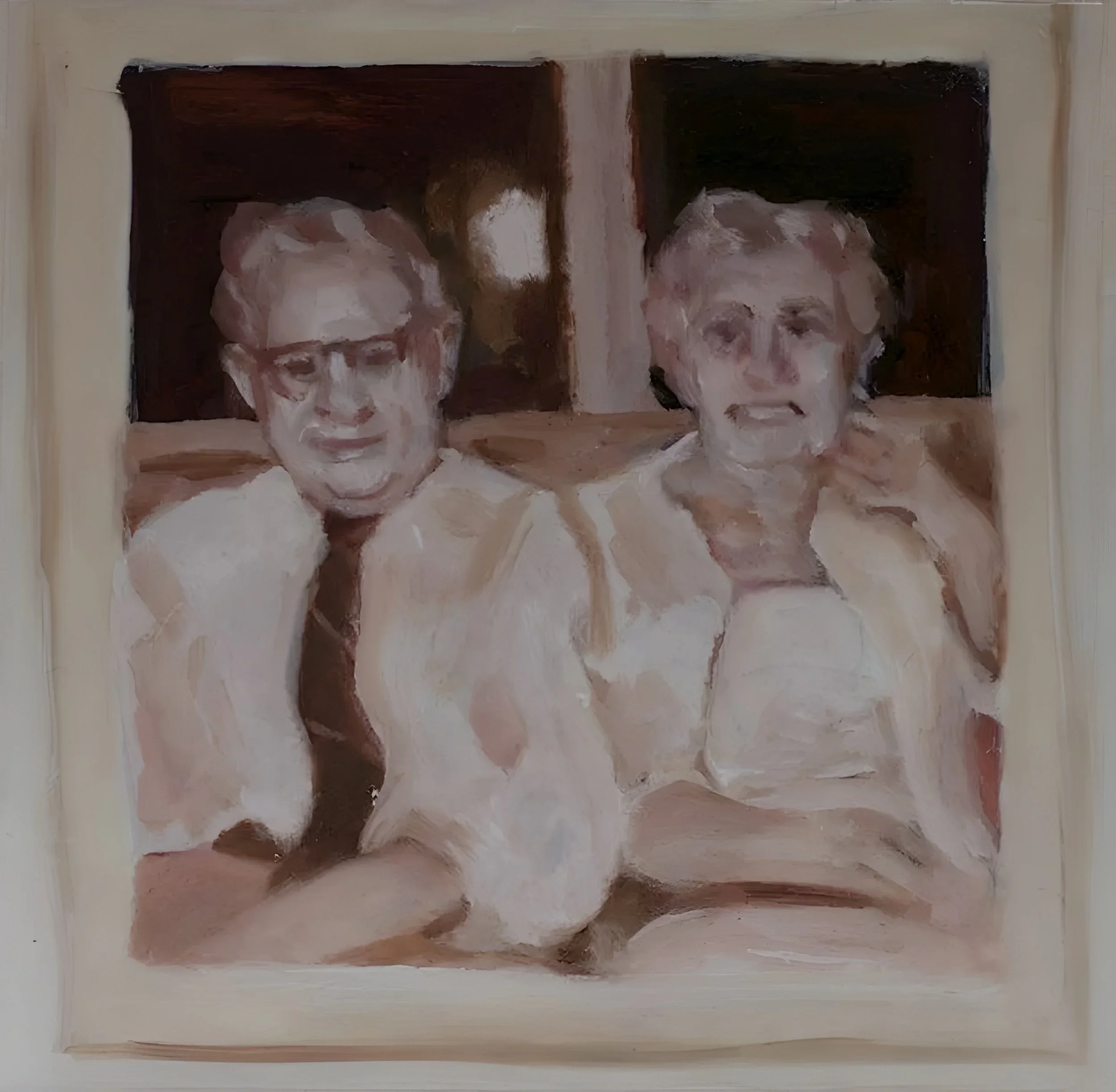"Grandparents", acrylic on mylar on wood panel, 4 x 4 inches
