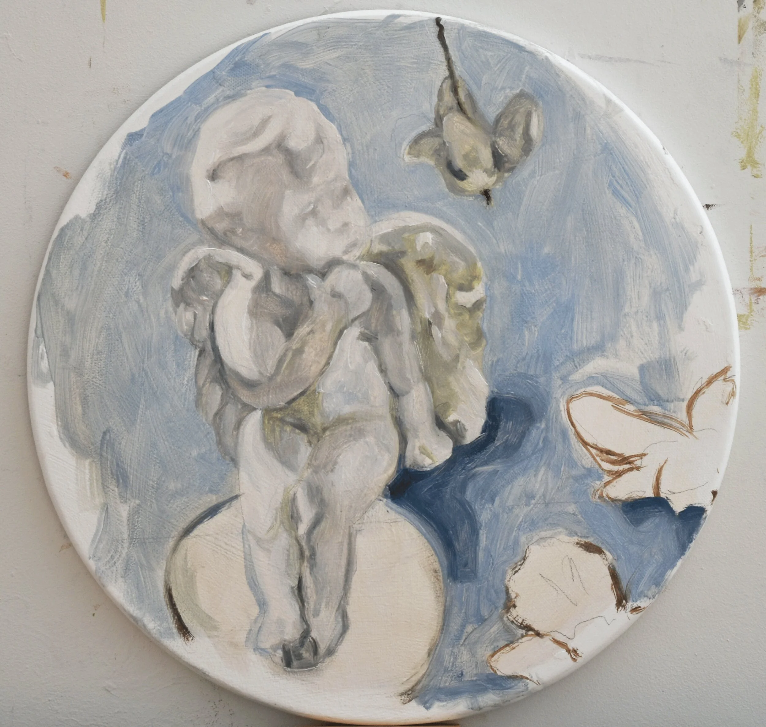 "Angel and Birds", oil on panel,  12 inches diameter