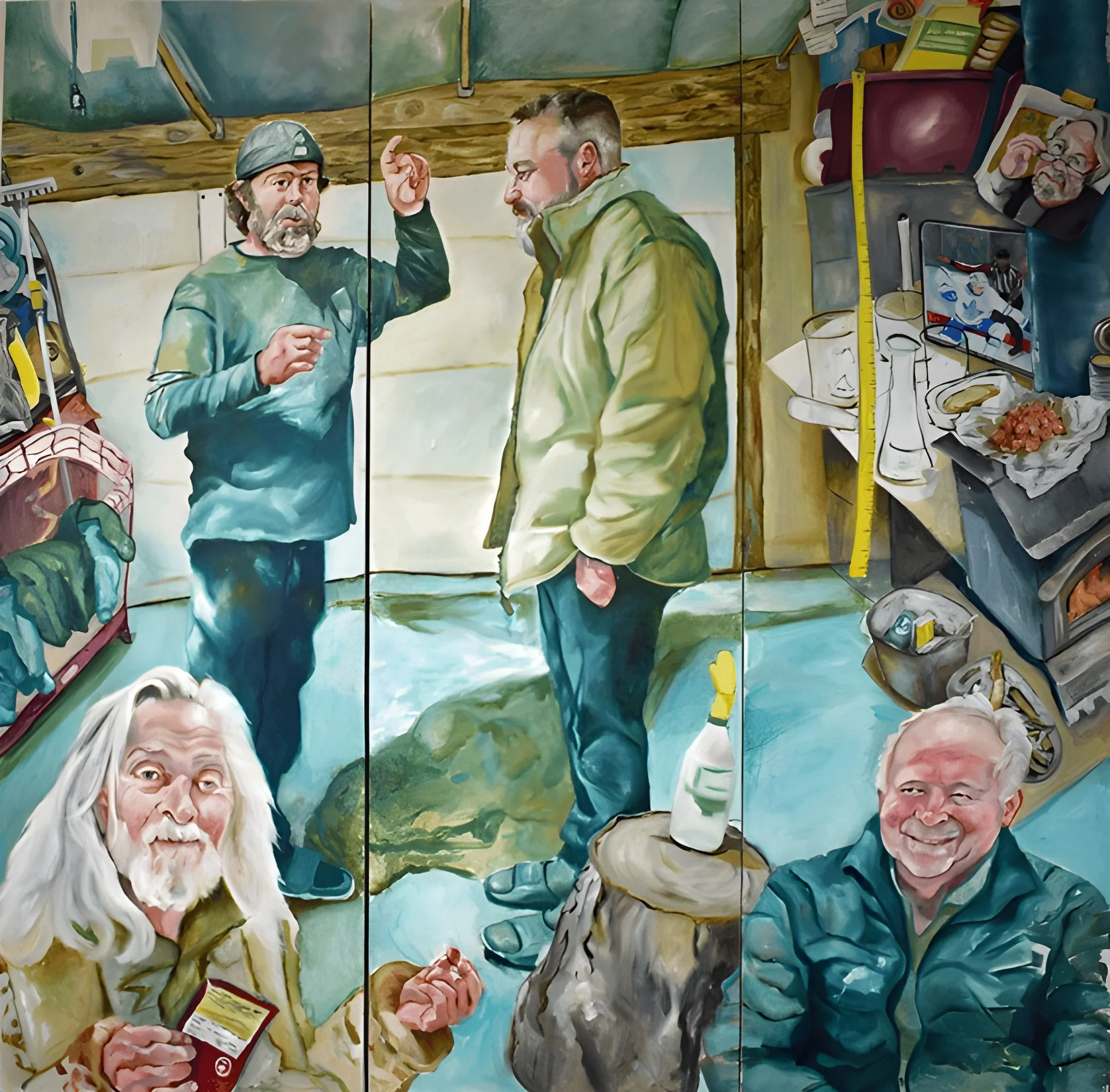  Man Cave (The musician, Country Boy, Colonel, Banker, and Missiing Artist) , oil on canvas, 72 x 72 inches (3 panels, 72 x 24 inches each)