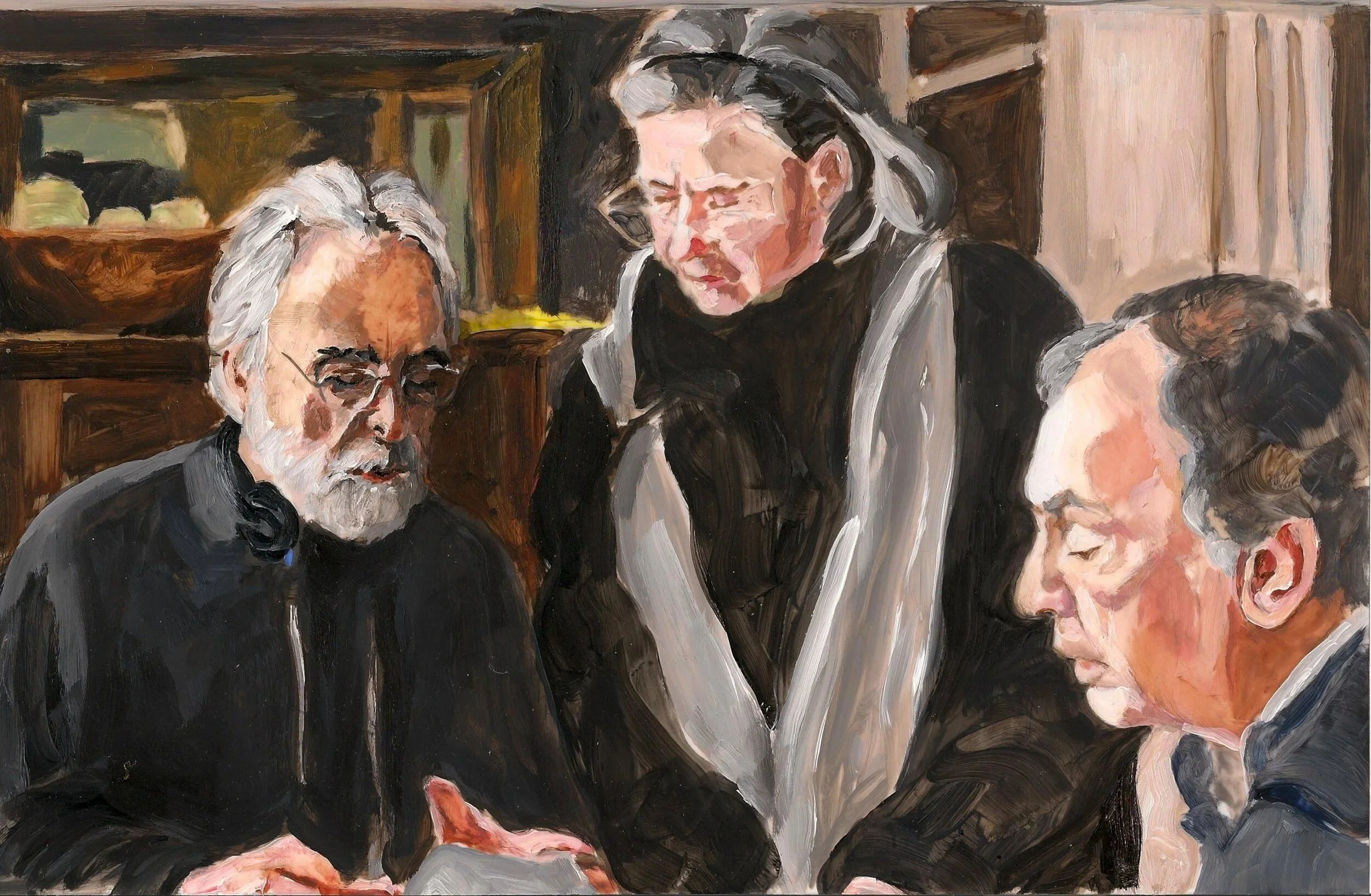 "Amour (Michael Haneken, Emmanuelle Riva, Jean-Louis Trintignant)", acrylic on mylar on wood panel, 8.5 X 11 inches