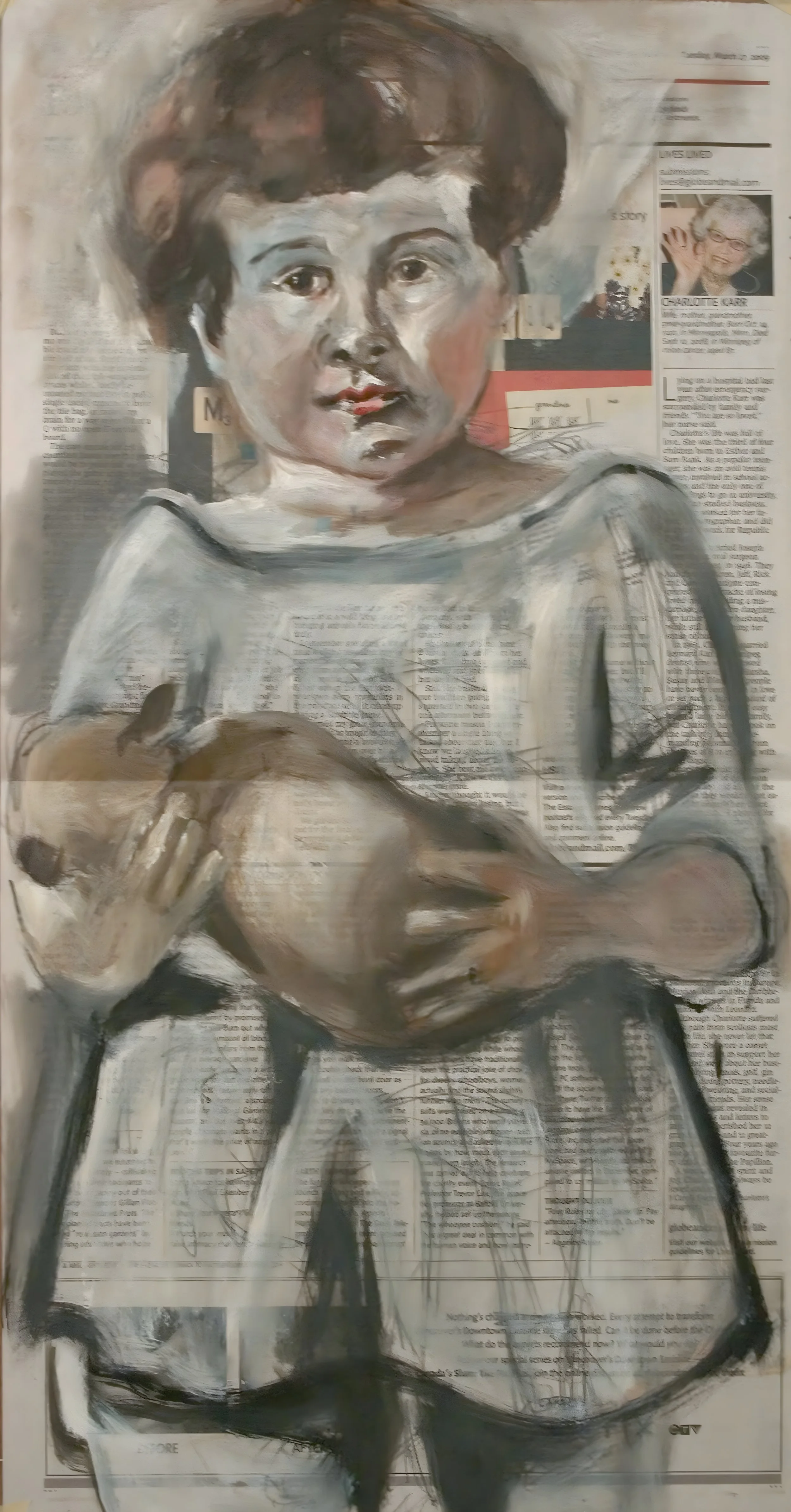  Mom 1922 , oil on printed newspaper, 24 x 16 inches