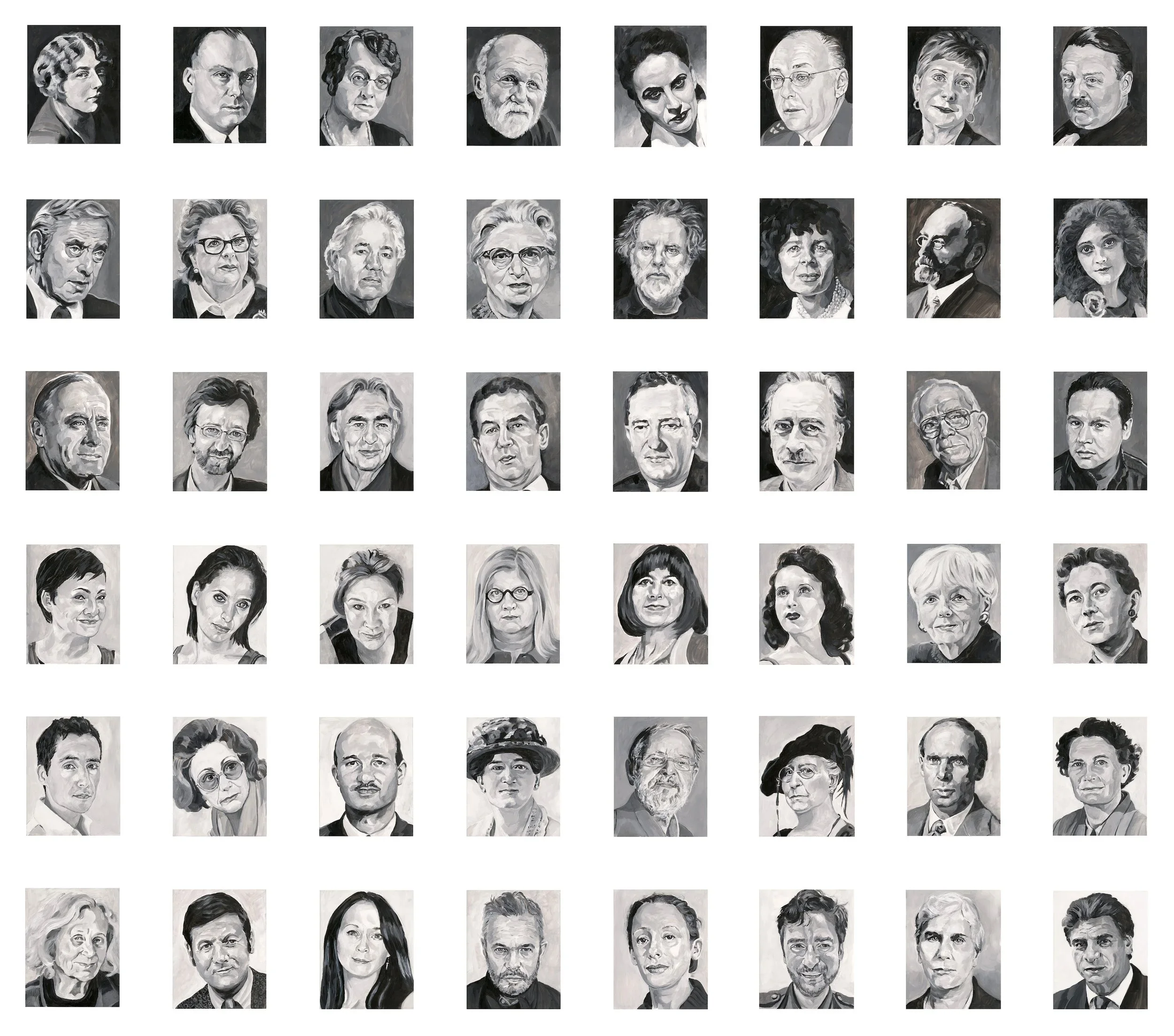 "48 Portraits", 2016, acrylic on mylar on wood panel, 60 x 80 inches (5.5 x 7 inches each)