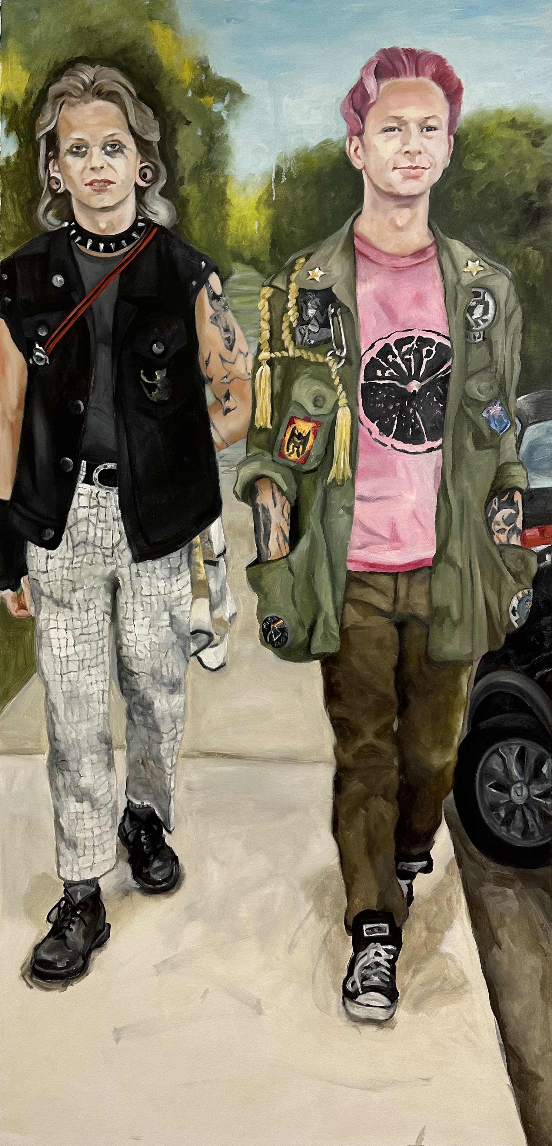  Evening Stroll (Cliff and Evan) , oil on canvas, 60 x 30 inches
