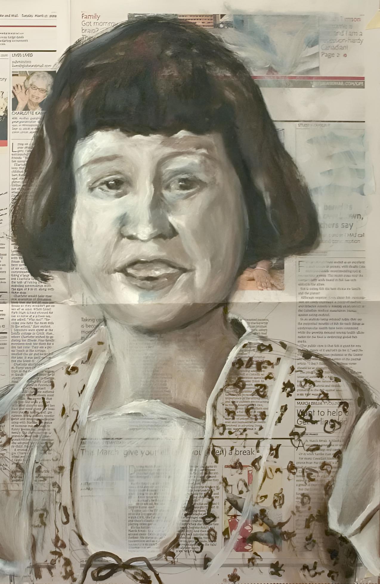 "Mom 1926", oil on printed newspaper, 24 x 16 inches