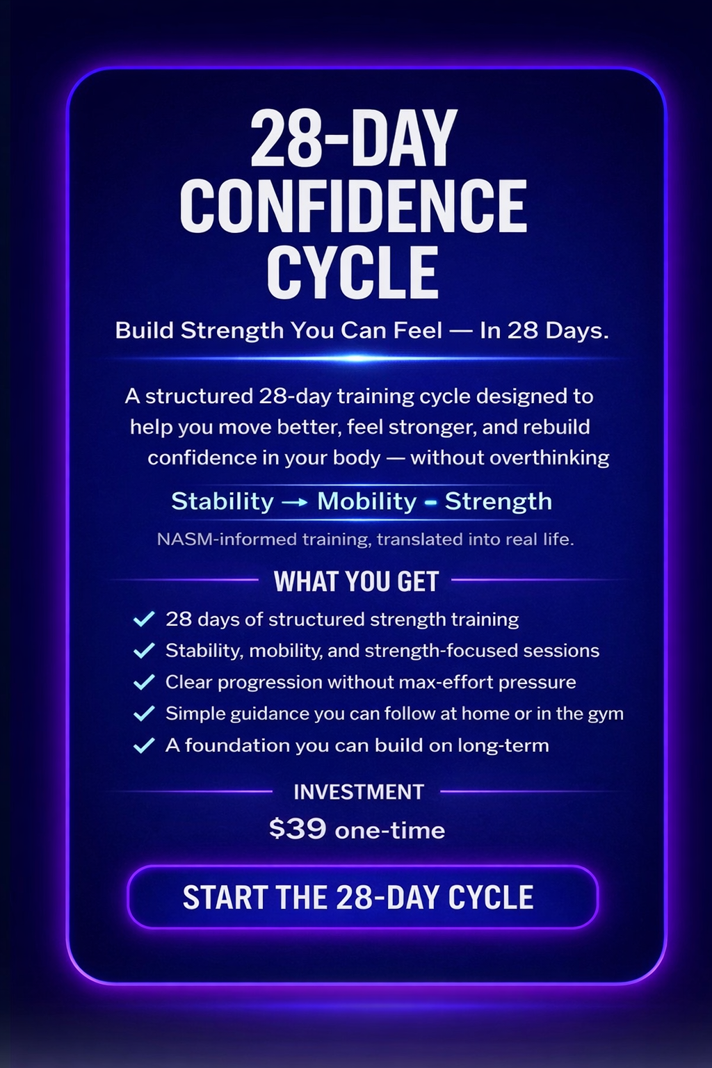 Digital advertisement for a 28-day confidence cycle strength training program, featuring a glowing purple border and a dark blue background.