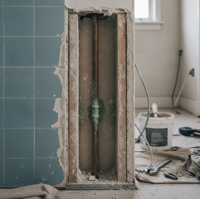 modern bathroom under construction with tools and demo debris
