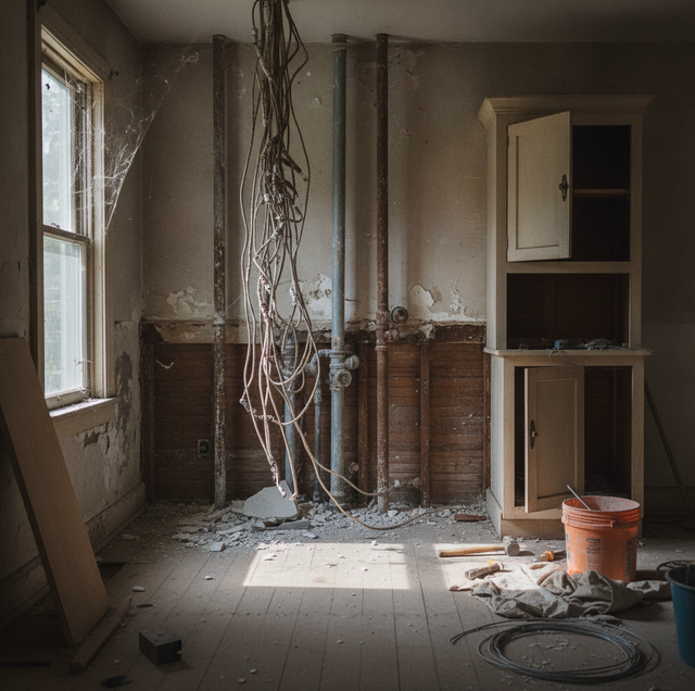 open kitchen under construction with cabinets removed and subfloor exposed