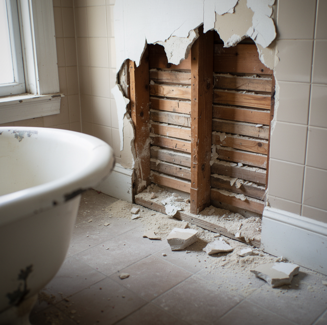 1950s bathroom demolition exposing plaster lath and tile