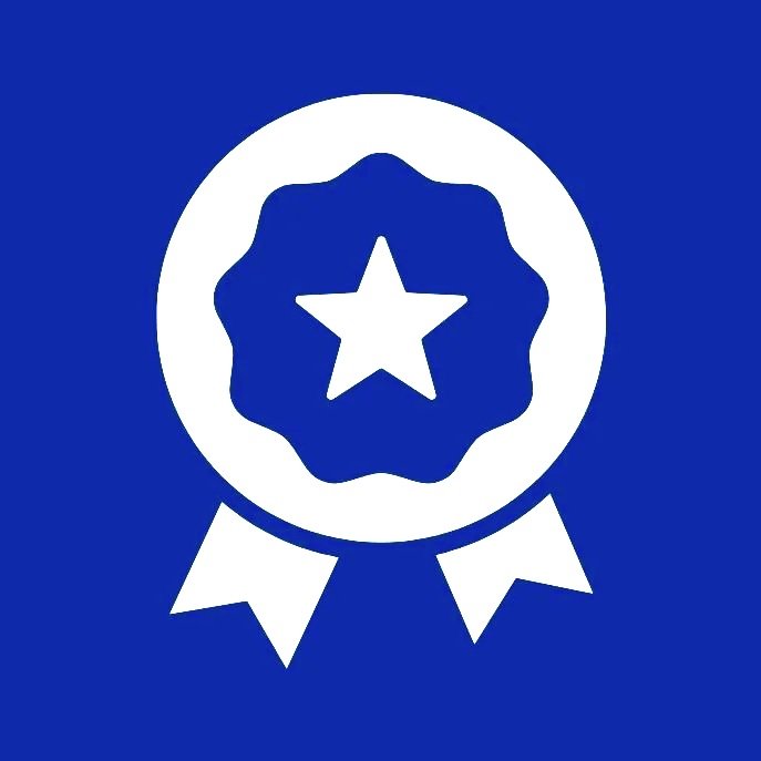 Icon of a ribbon or medal with a star in the center, on a dark blue background.