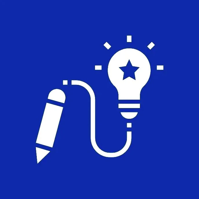 Icon of a pen connected to a lightbulb with a star inside, symbolizing creativity and ideas.