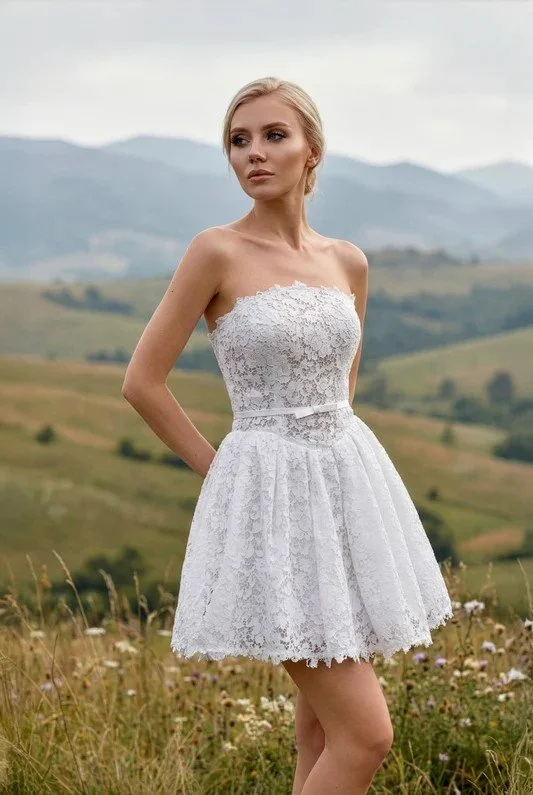 A woman wearing a white strapless wedding dress with floral embroidery, standing against a plain gray background.