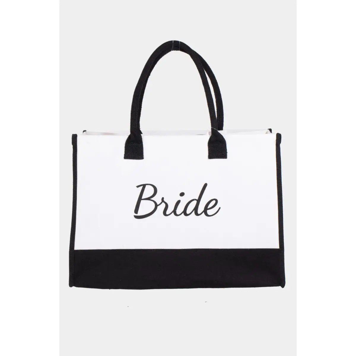 White tote bag with black handles and black base, printed with the word "Bride" in black cursive font.