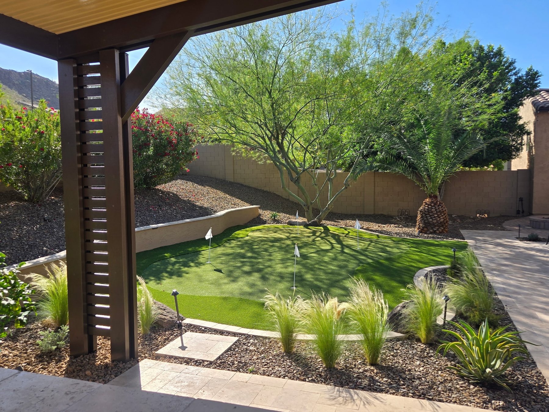 Open-air lounge surrounded by native grasses emphasizing custom outdoor living in Carefree, AZ