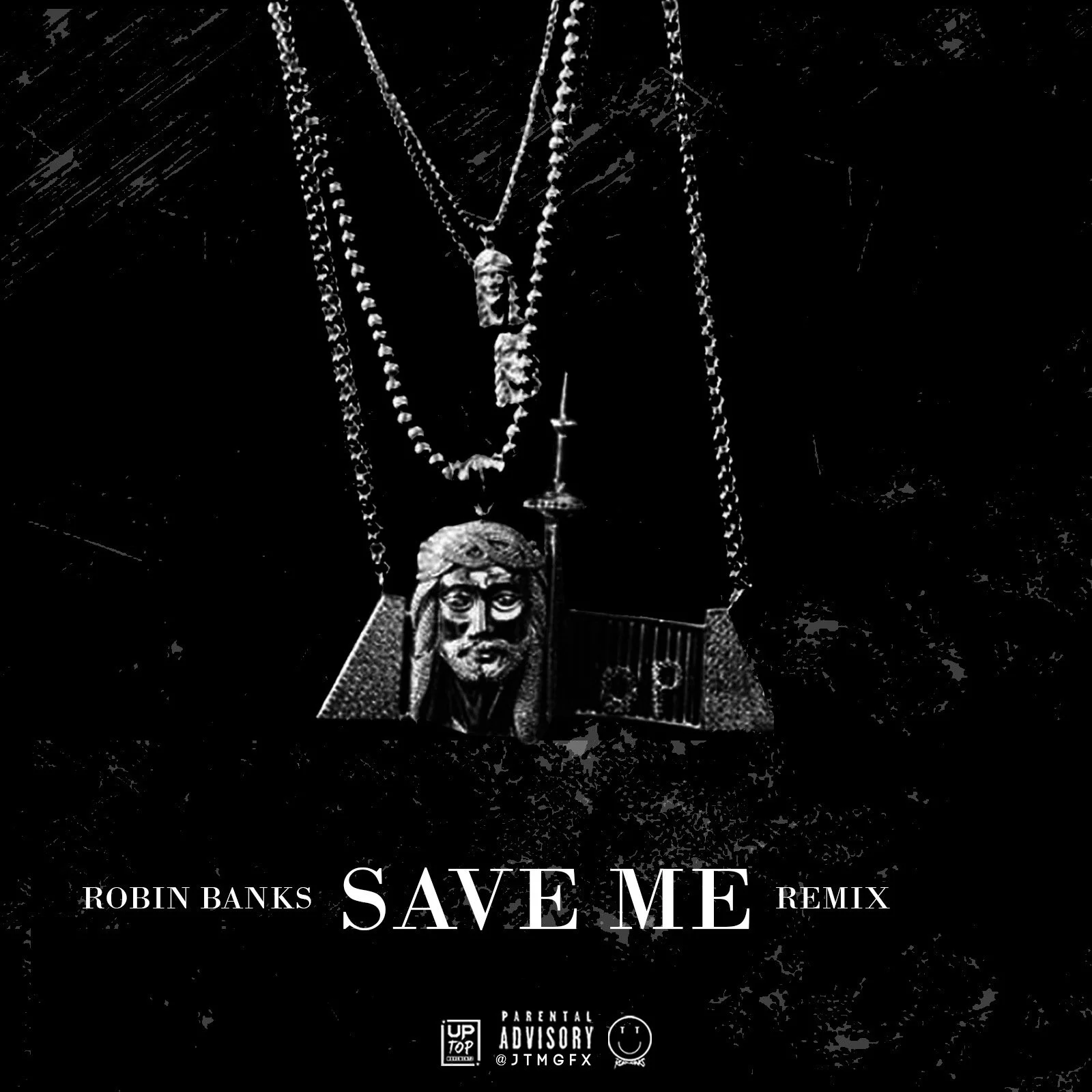 Black and white album cover featuring several necklaces with pendants, including a Jesus face and police tape with 'RIP' written, along with the title 'Save Me Remixes' by Robin Banks.