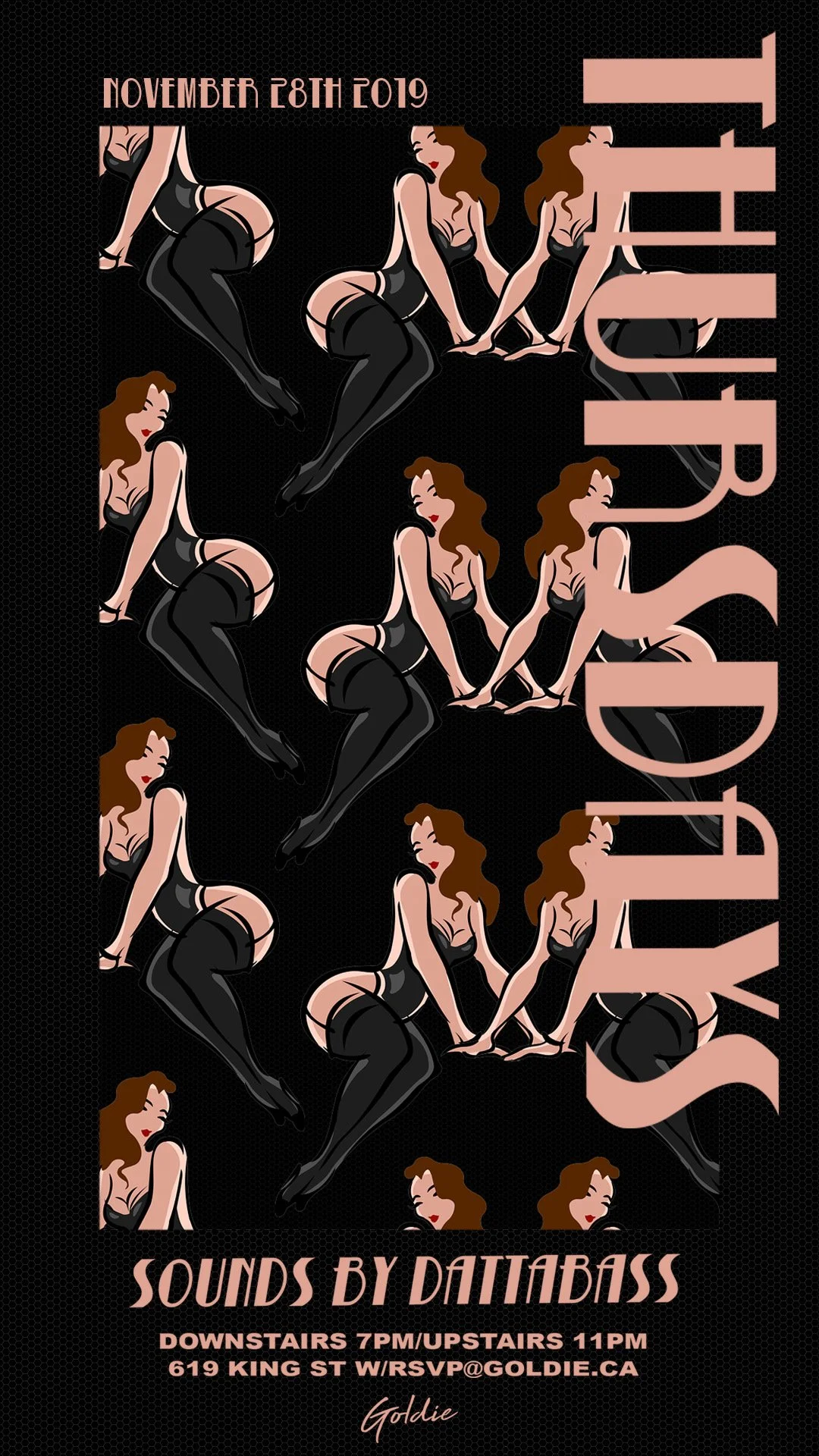 Event poster featuring repeated illustrations of a woman in black lingerie and thigh-high stockings, leaning on her hands and knees, with curly brown hair and red lipstick. The poster has the event date "November 28th 2019" and details of a music eve