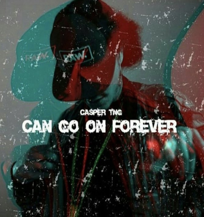 A person wearing headphones and a baseball cap, taking a selfie with a phone. The image has a grunge overlay with text that reads 'CASPER TNG CAN GO ON FOREVER'.