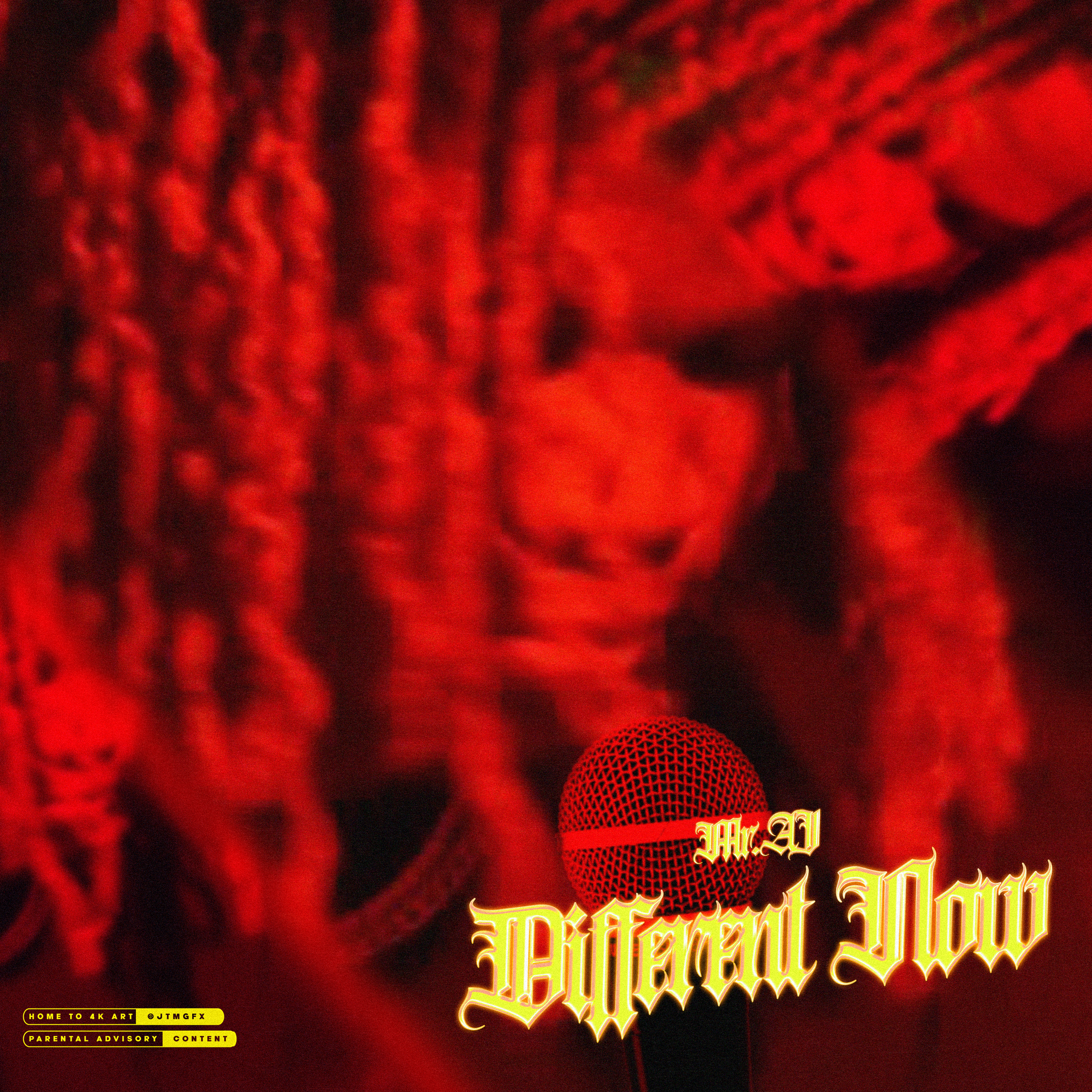 Red-tinted photo of a person with dreadlocks, looking down, with a microphone in front and the words 'Mr. Al' and 'Different Now' in yellow and orange gothic-style font at the bottom right, and a yellow label in the bottom left indicating parental ad