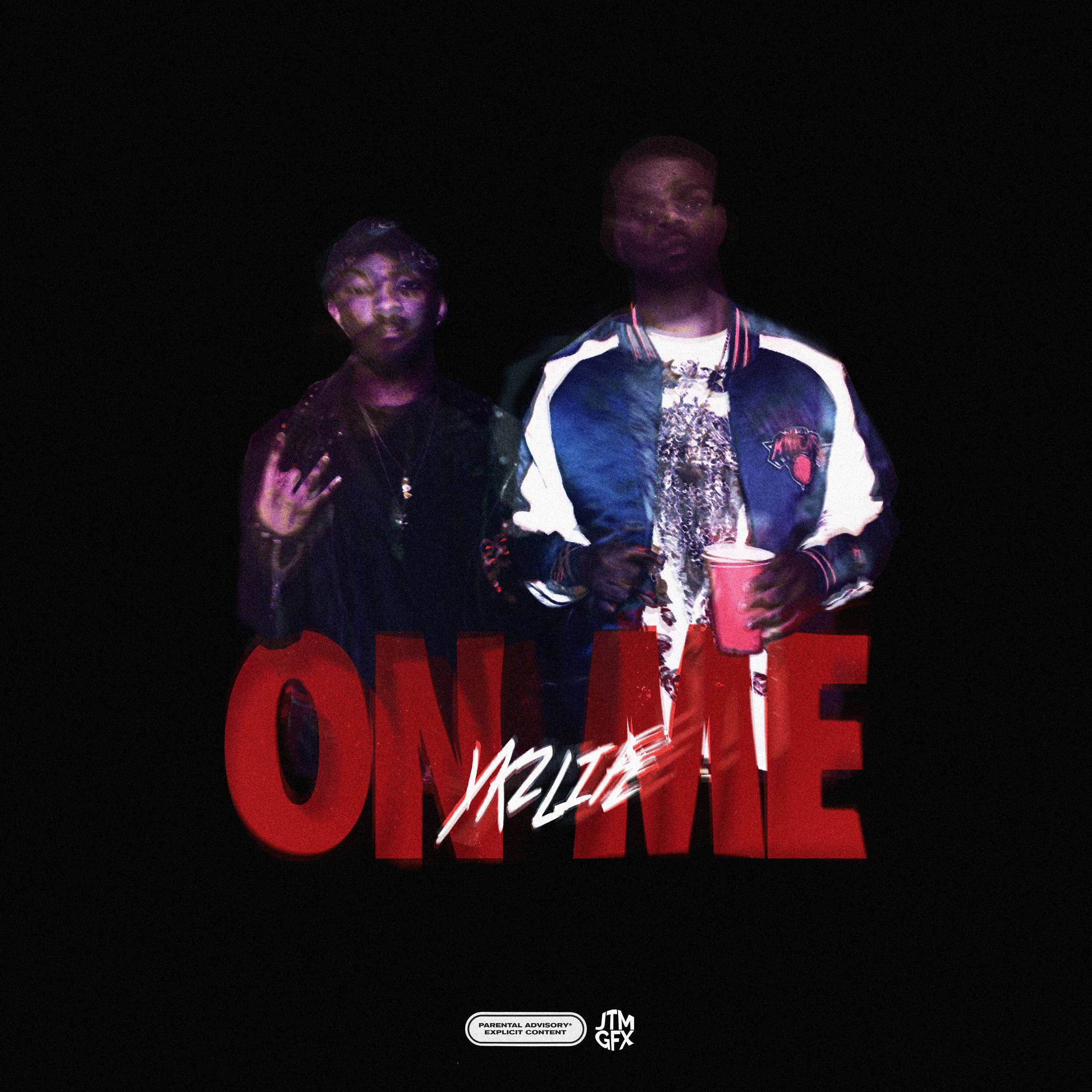 Two men standing against a black background, with the words 'ONE' and 'VIZLY' overlaid. The man on the left is wearing a dark hoodie with jewelry, and the man on the right is wearing a varsity jacket and holding a cup.