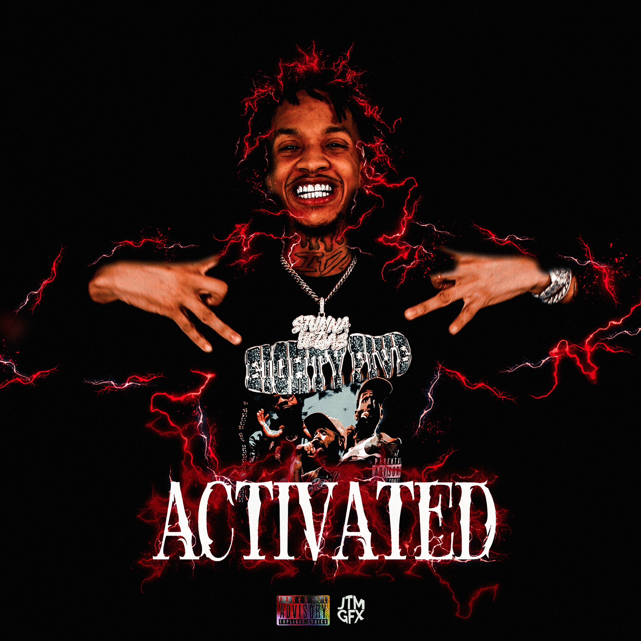 A young man with a big smile showing gold teeth, wearing jewelry and a black shirt with graphics, surrounded by red lightning effects. The shirt says "Loyalty End" and features a group photo, with the word "Activated" in bold red letters at the botto