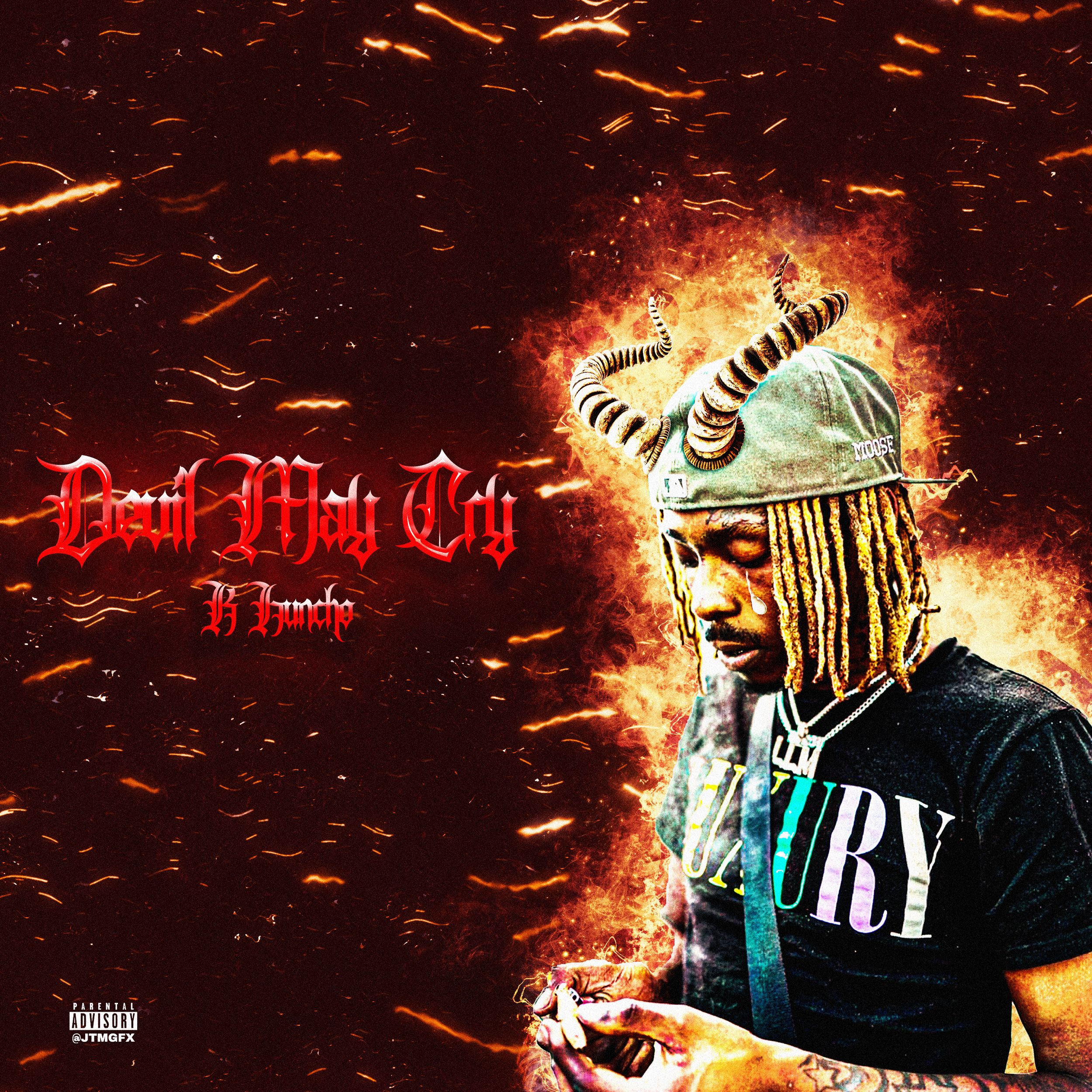 A young man with dreadlocks and face tear drops, wearing a gray cap with horns and a black T-shirt with multicolored lettering, stands against a fiery, abstract background with sparks. The red stylized text reads, 'Davi Wez My' and 'H Hustle.'