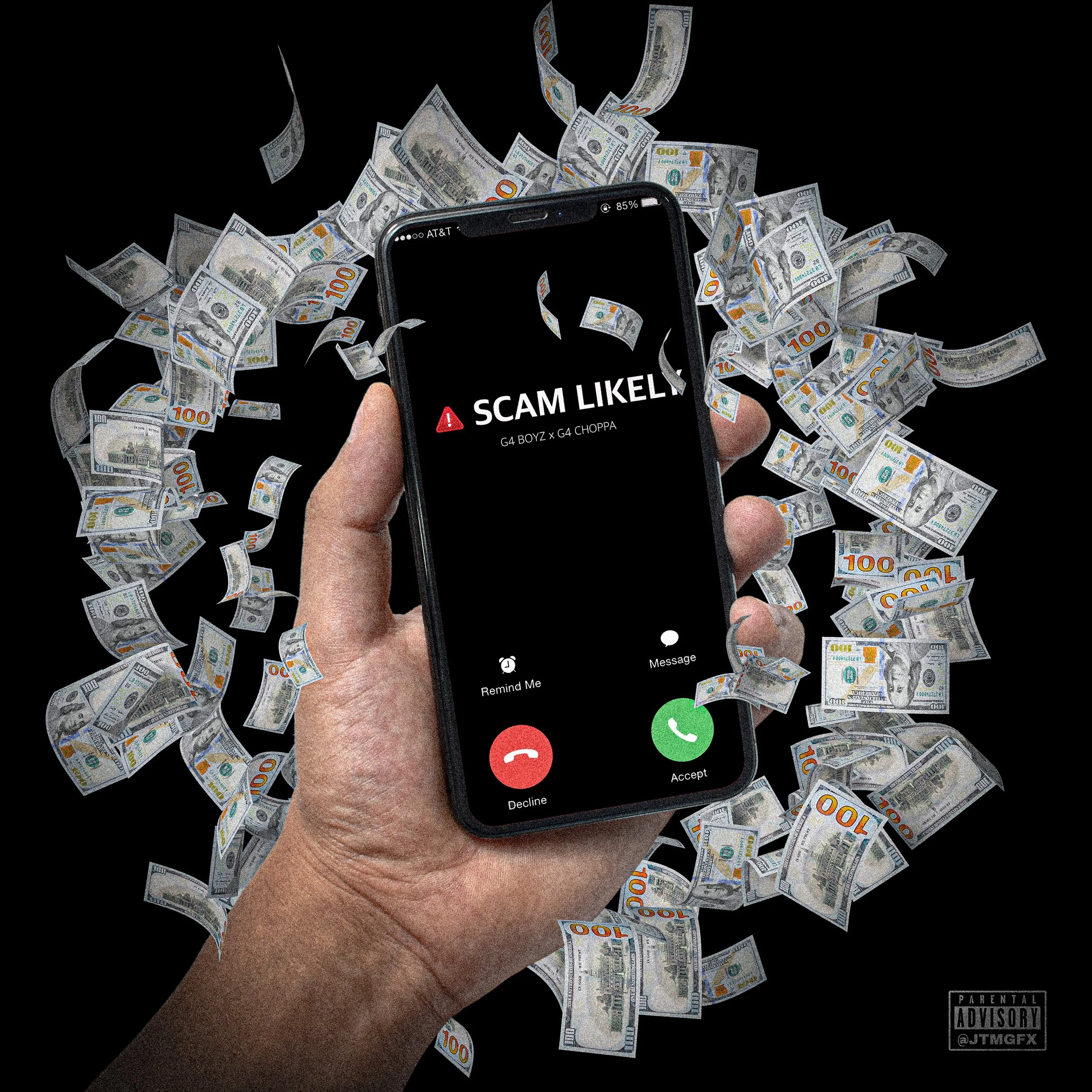 A hand holding a smartphone displays a scam alert message on the screen with options to accept or decline, surrounded by falling dollar bills against a black background.