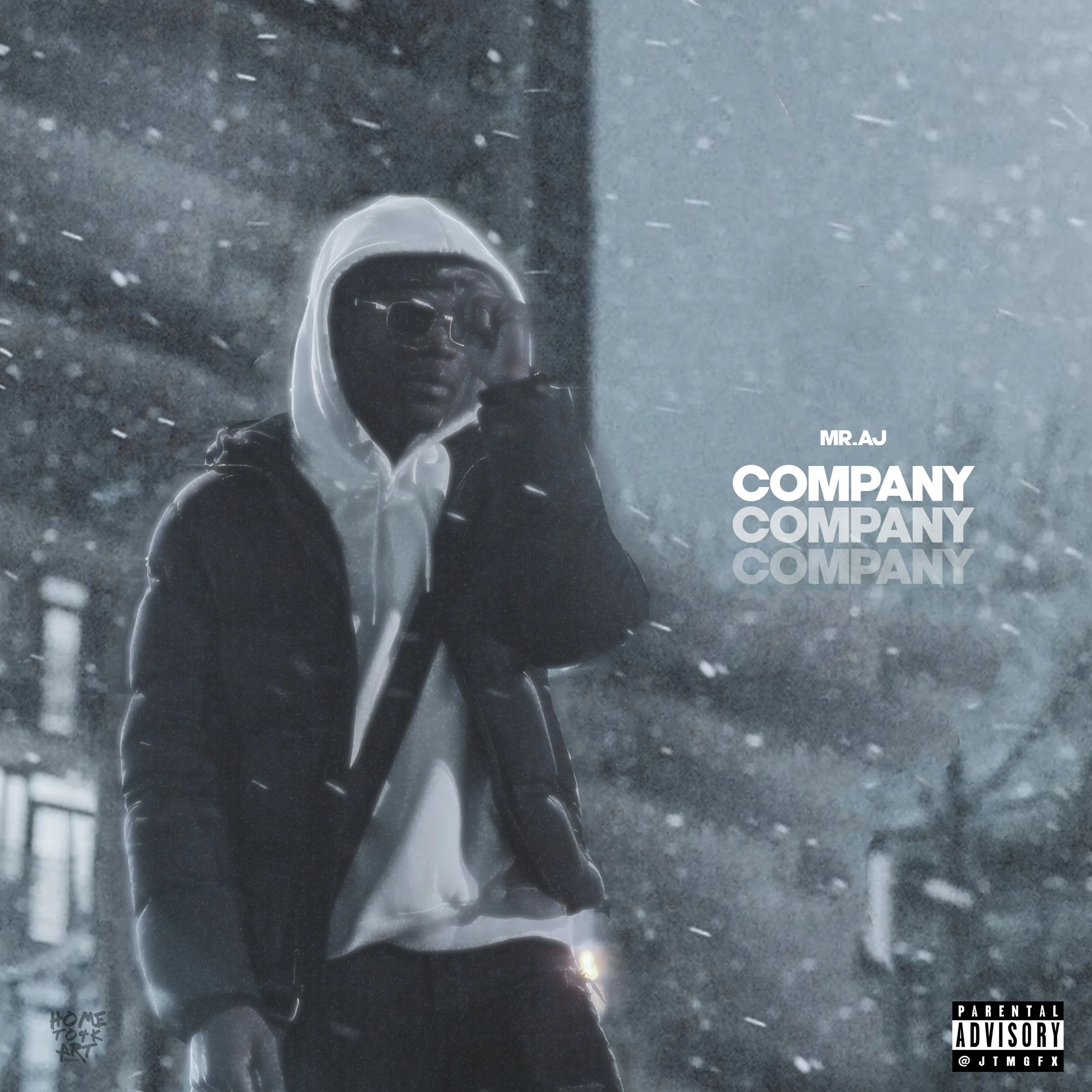 A person wearing a white hoodie, glasses, and a black jacket stands outside in a snowy environment, with a dark background and falling snowflakes. Text on the image reads "MR.AJ COMPANY" in white.