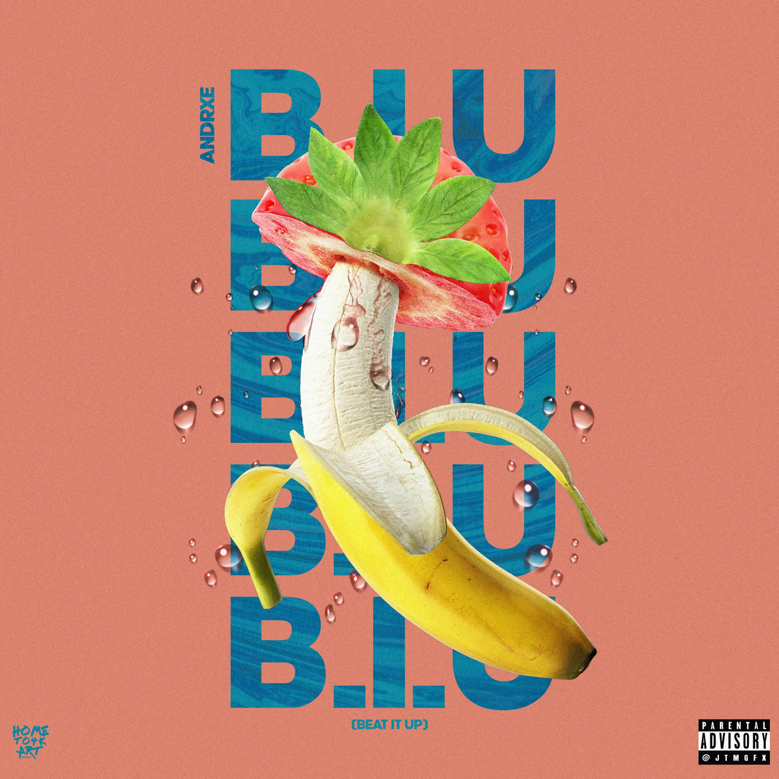 A collage of a strawberry, banana, and mint leaves with water droplets, with text overlayed that reads "Blue B.I.G" and other smaller text.