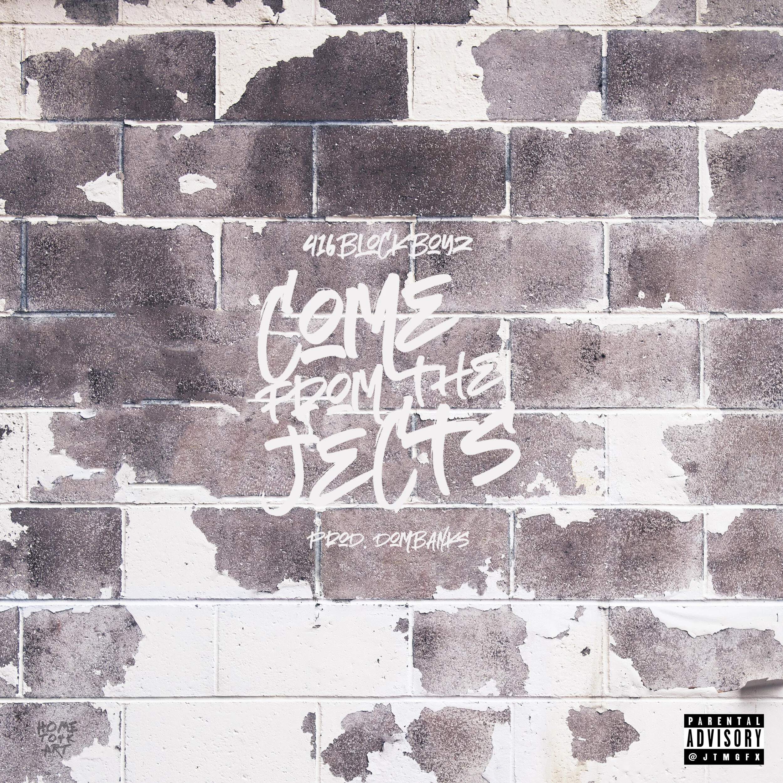 Graffiti text on a weathered brick wall that says '416 Black Boyz,' 'Come From 417,' and 'Prod. DomBanks.'