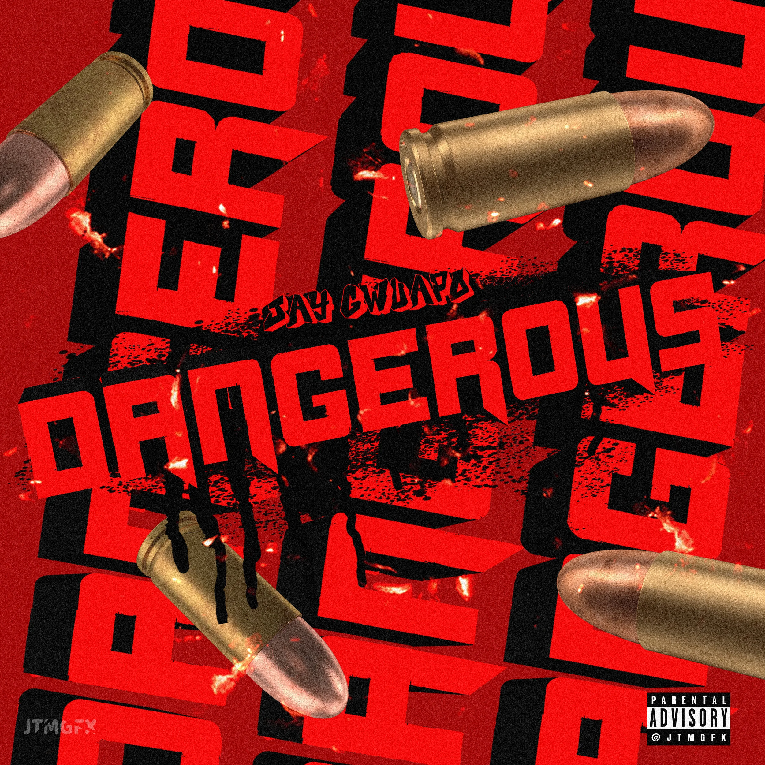 Album cover art for "Dangerous" by Say Gward, featuring a red and black background with stylized text and four bullets in the foreground, and a 'Parental Advisory' label in the lower right corner.