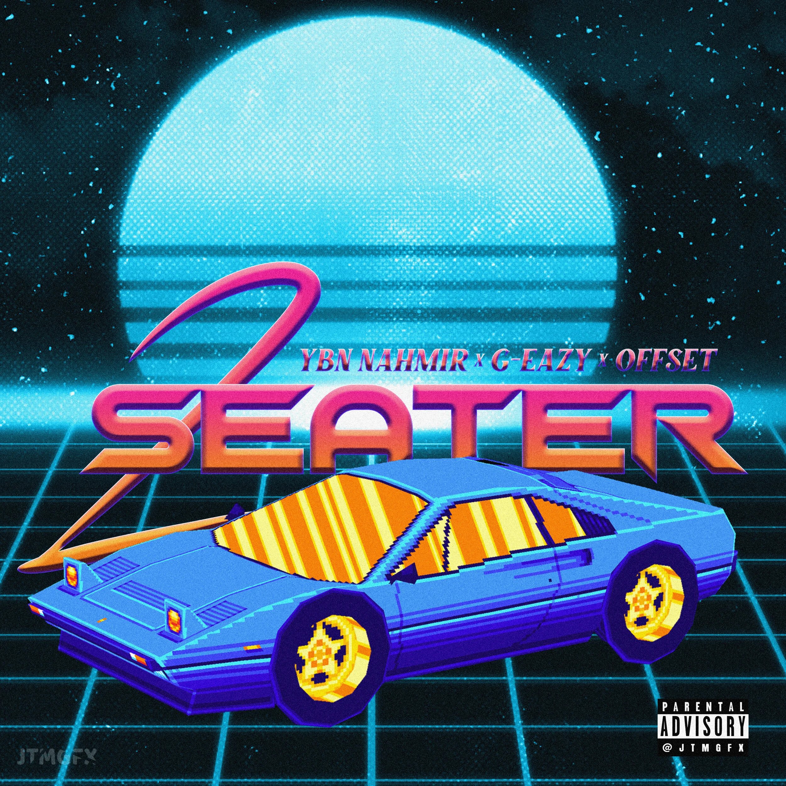 Retro-futuristic digital art cover featuring a pixelated blue sports car with yellow wheels, set against a neon grid and a large glowing blue moon. Text reads 'YBN Nahmir, G-Eazy, Offset' and 'Seeder' with a parental advisory label.