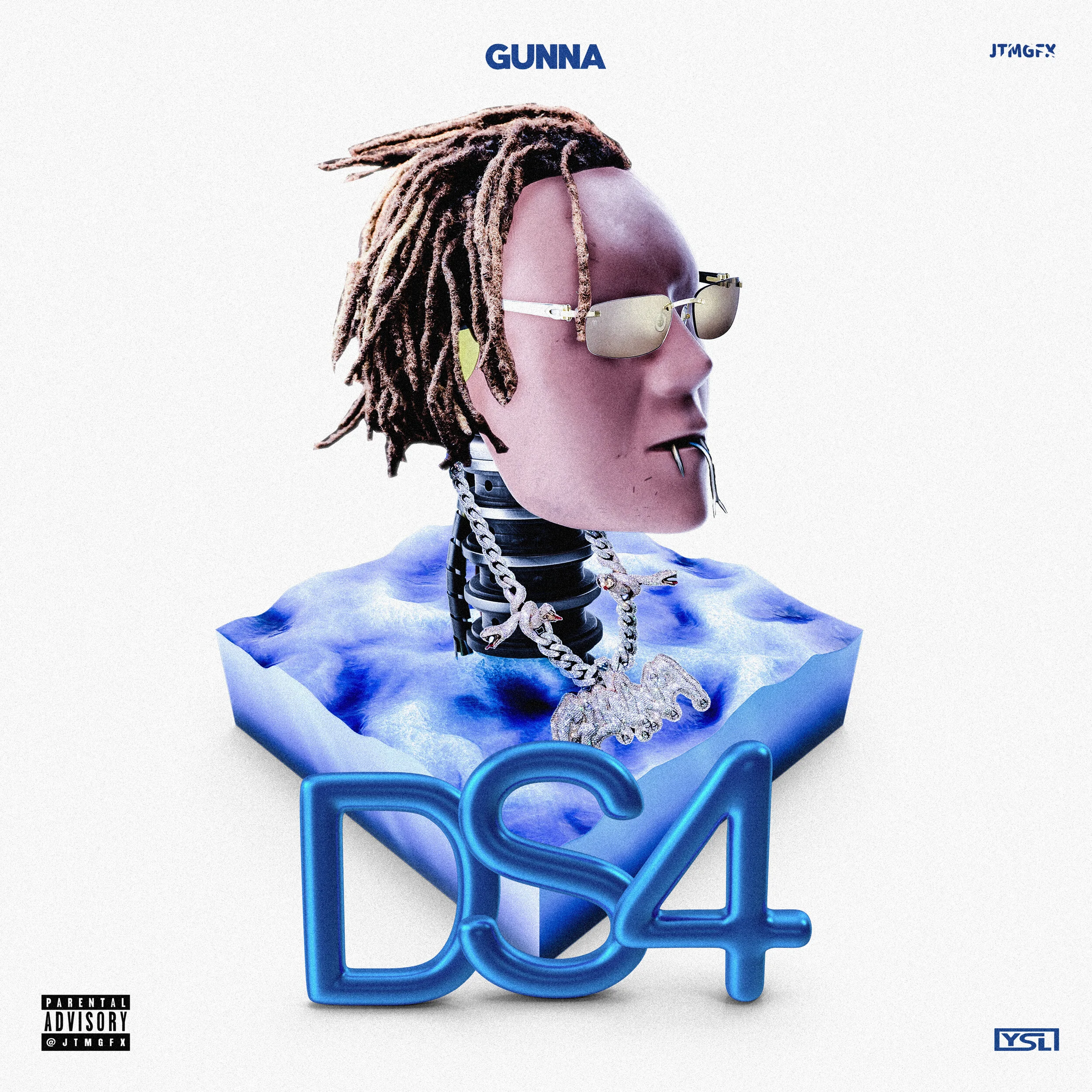 Digital artwork featuring a stylized bust of a person with dreadlocks wearing sunglasses, ring piercings, and a chain necklace, with a large "DS4" text in front. The bust appears to be emerging from a blue, icy block on a white background.