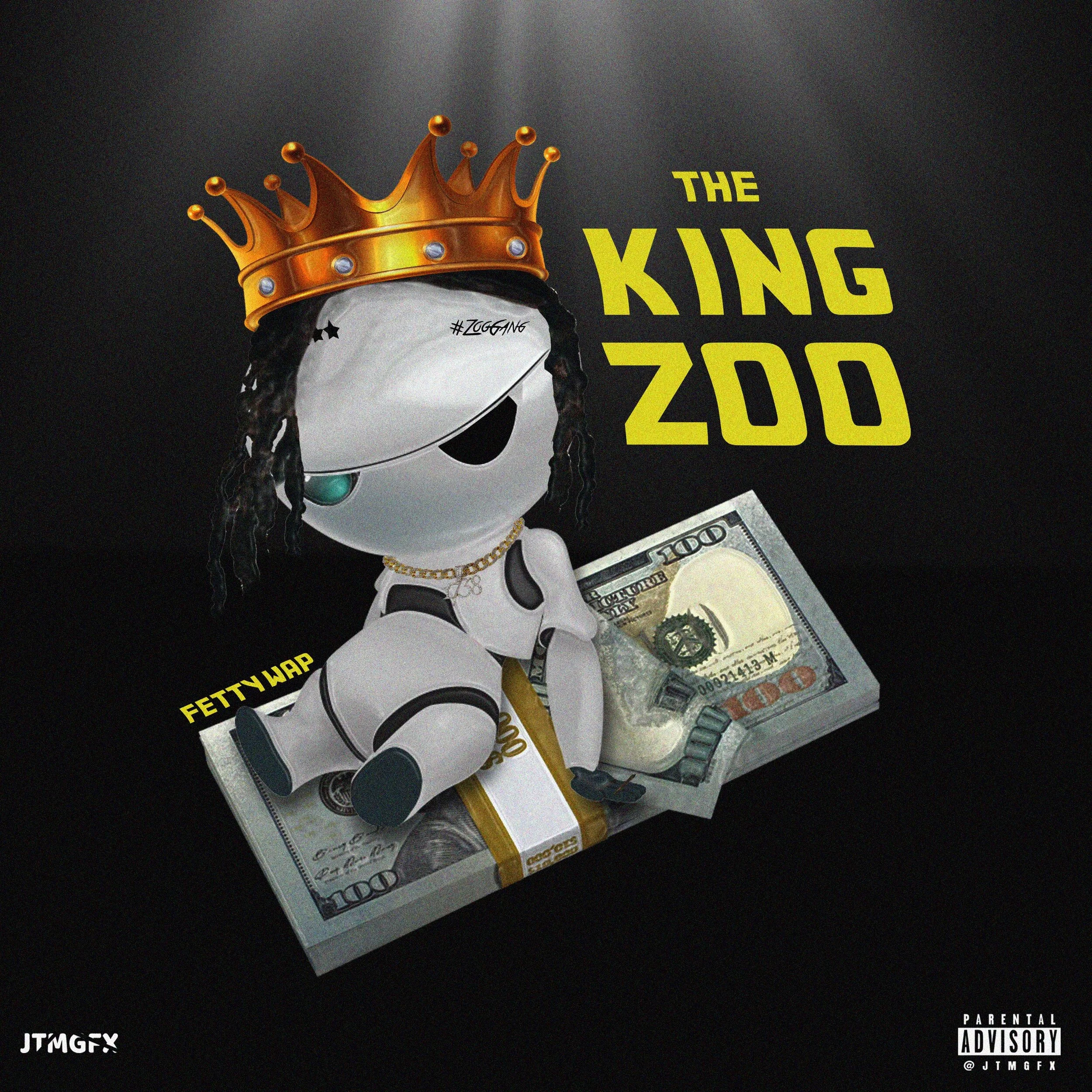 Cartoon dog wearing a crown and jewelry sitting on a large stack of 100-dollar bills against a dark background, with the text 'The King Zoo' and a parental advisory label.